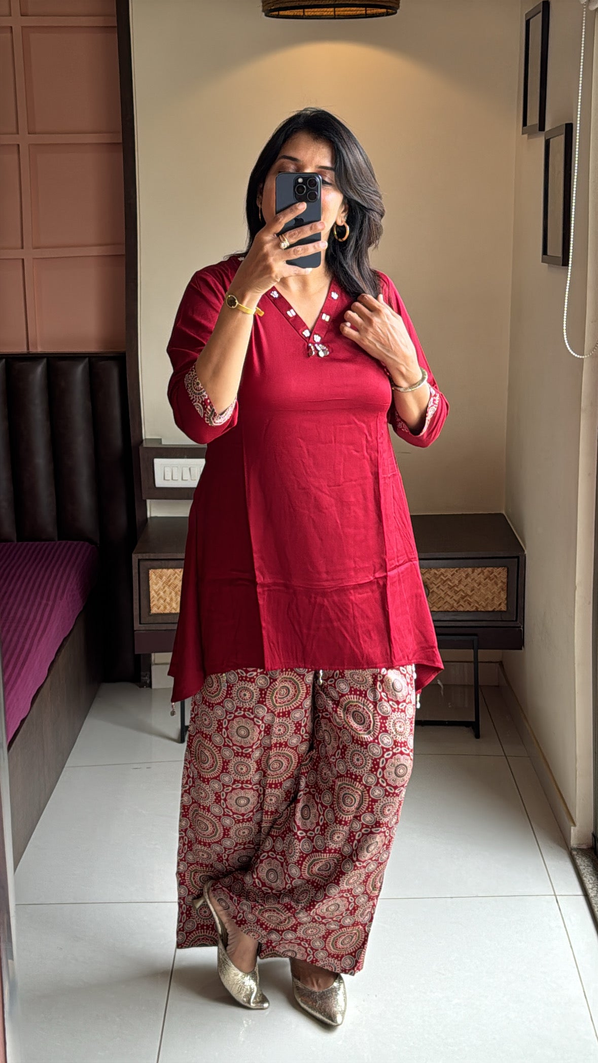 Maroon Up & Down Stylish Top with Ajrakh Print Palazzo Co-Ord Set | Yoke Work | Gaji Silk