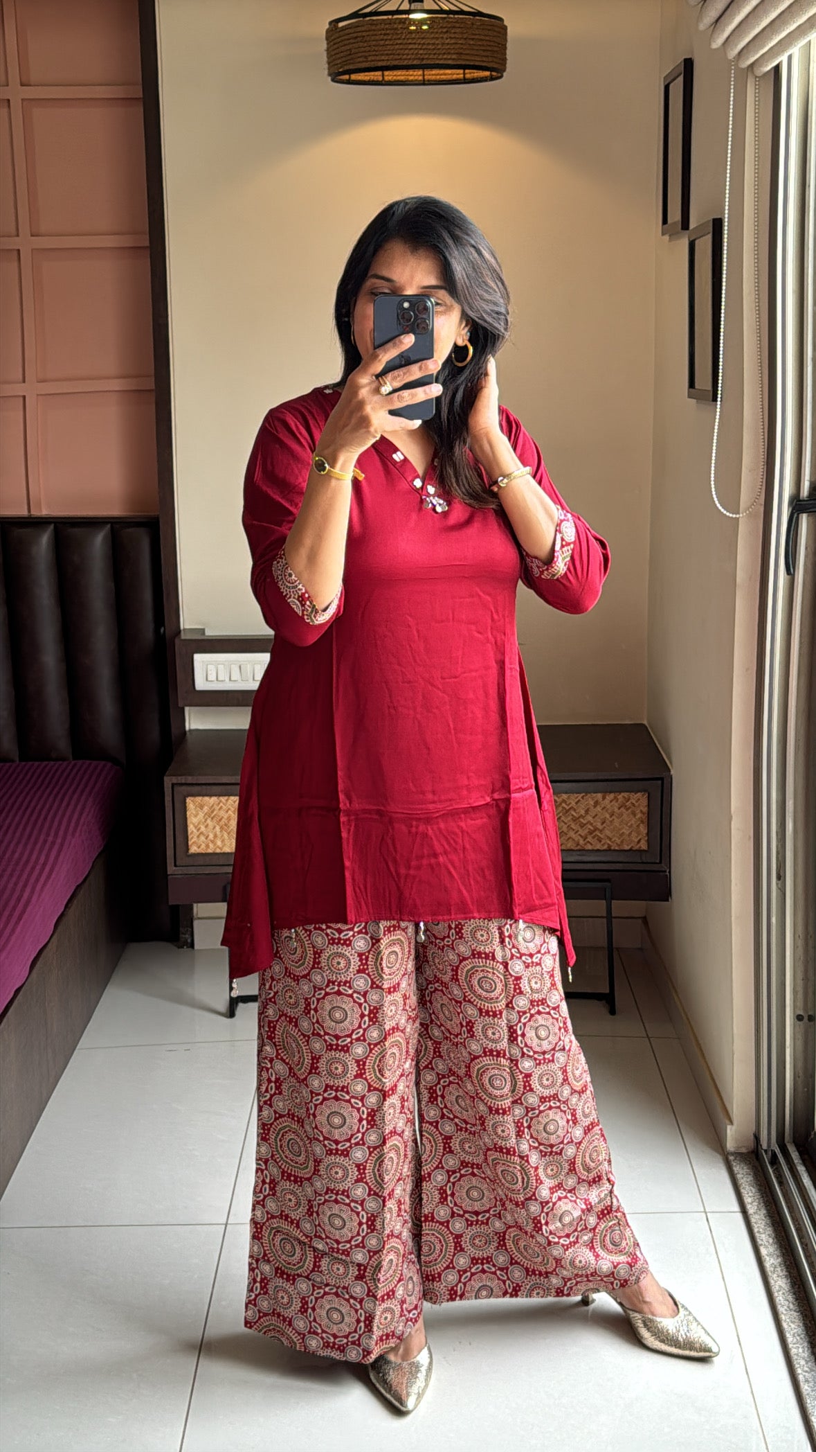 Maroon Up & Down Stylish Top with Ajrakh Print Palazzo Co-Ord Set | Yoke Work | Gaji Silk