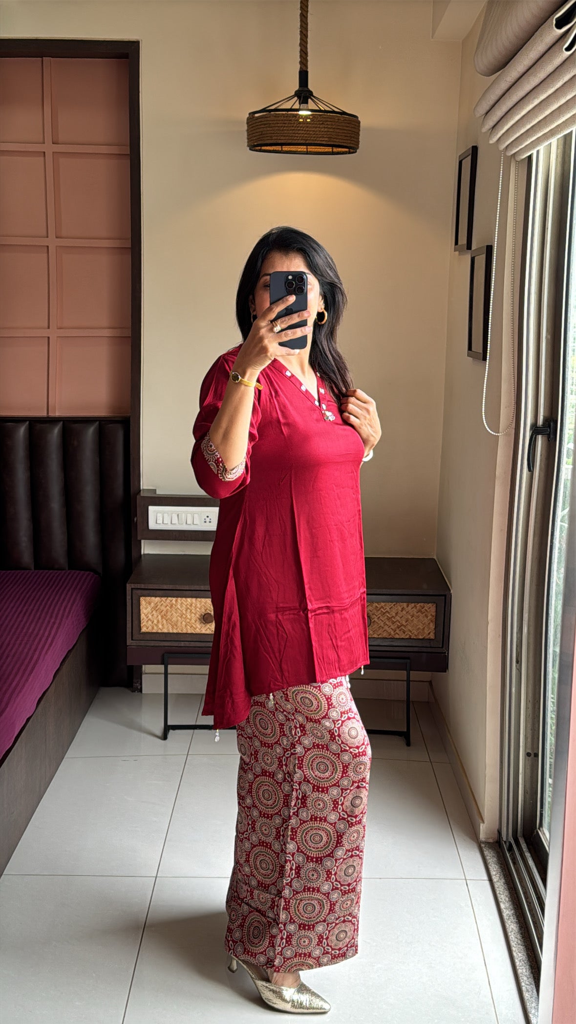 Maroon Up & Down Stylish Top with Ajrakh Print Palazzo Co-Ord Set | Yoke Work | Gaji Silk
