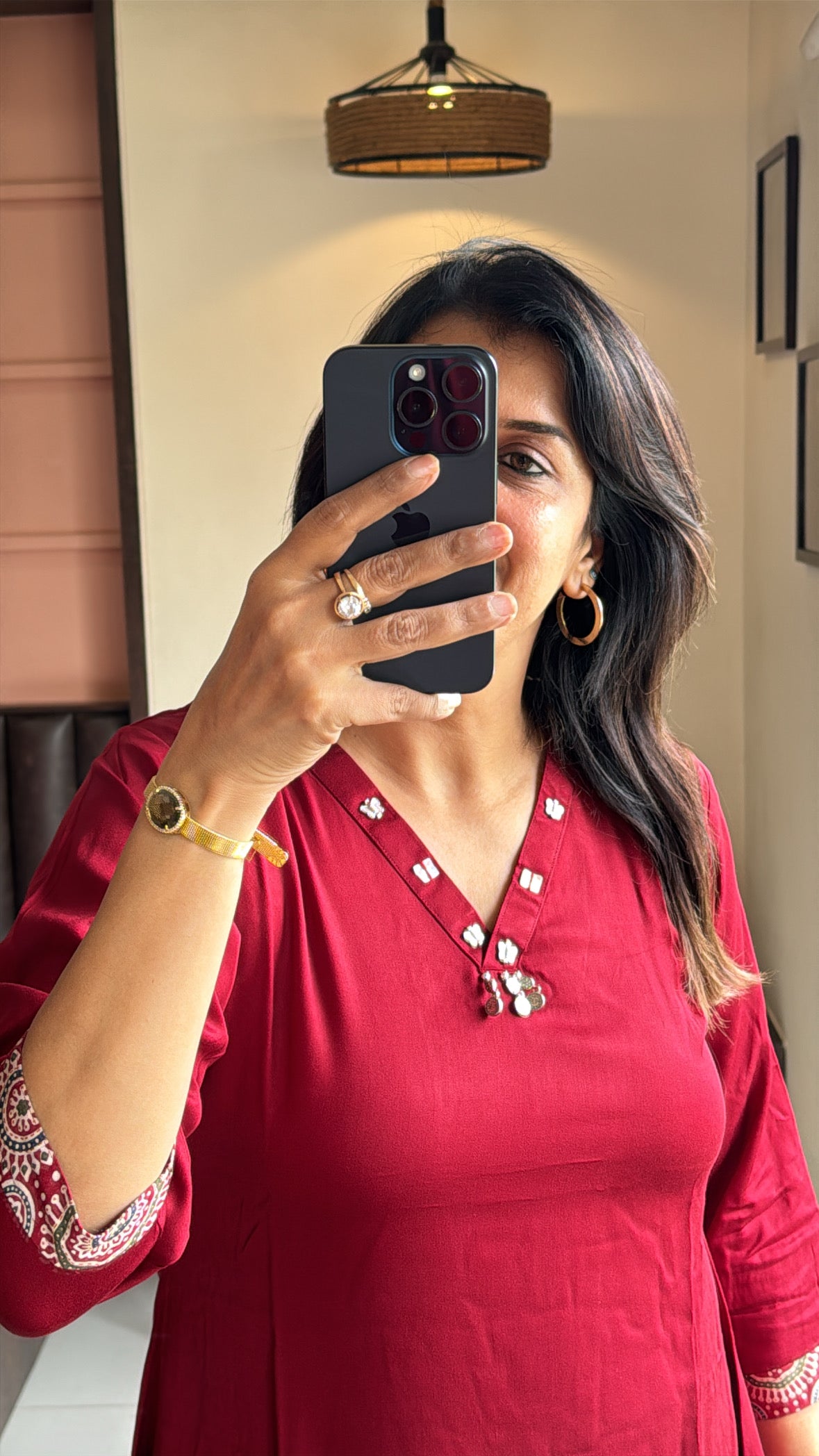 Maroon Up & Down Stylish Top with Ajrakh Print Palazzo Co-Ord Set | Yoke Work | Gaji Silk