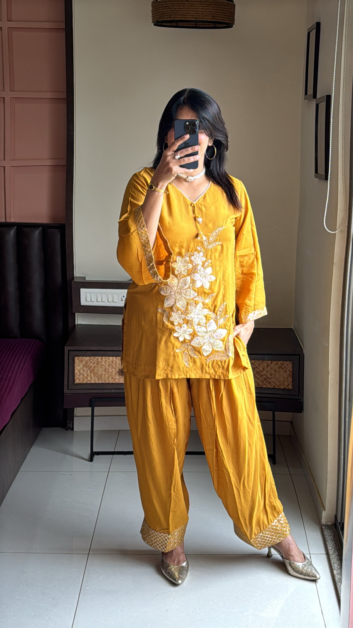 Mustard Embroidered Top & Farsi Sarwar Co-Ord Set | Appliqué Gota Patti Work | Premium Silk