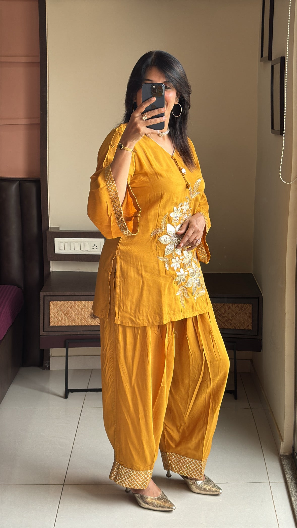 Mustard Embroidered Top & Farsi Sarwar Co-Ord Set | Appliqué Gota Patti Work | Premium Silk
