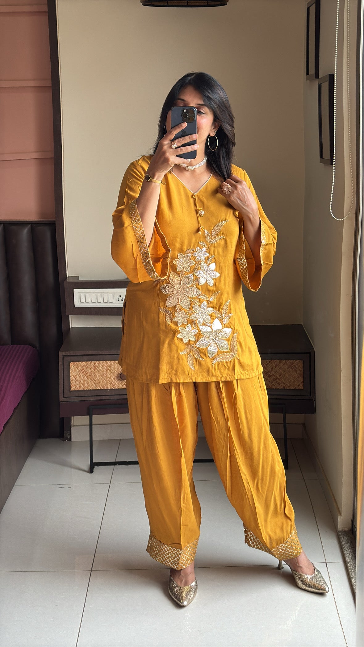 Mustard Embroidered Top & Farsi Sarwar Co-Ord Set | Appliqué Gota Patti Work | Premium Silk