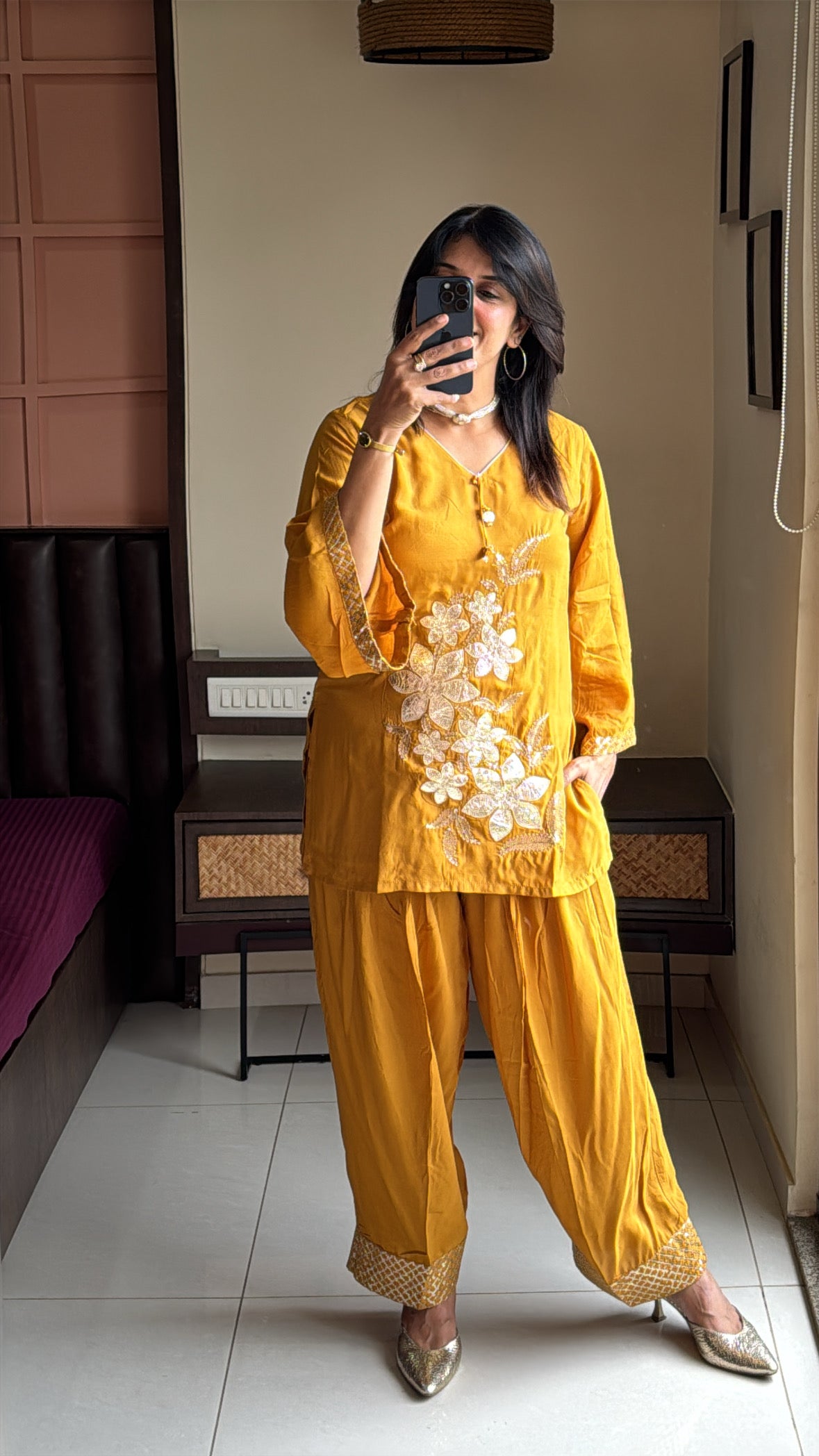 Mustard Embroidered Top & Farsi Sarwar Co-Ord Set | Appliqué Gota Patti Work | Premium Silk