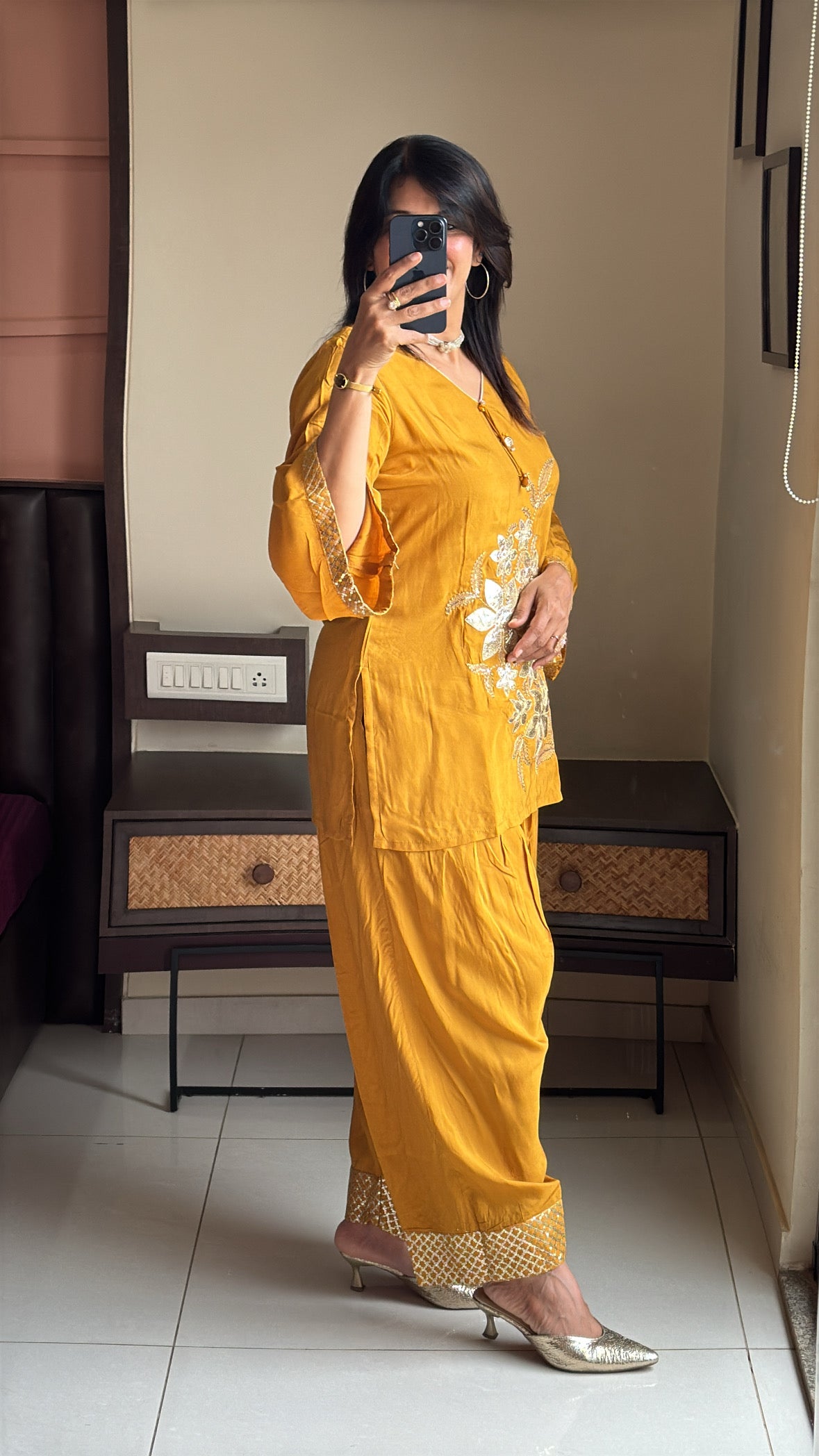 Mustard Embroidered Top & Farsi Sarwar Co-Ord Set | Appliqué Gota Patti Work | Premium Silk