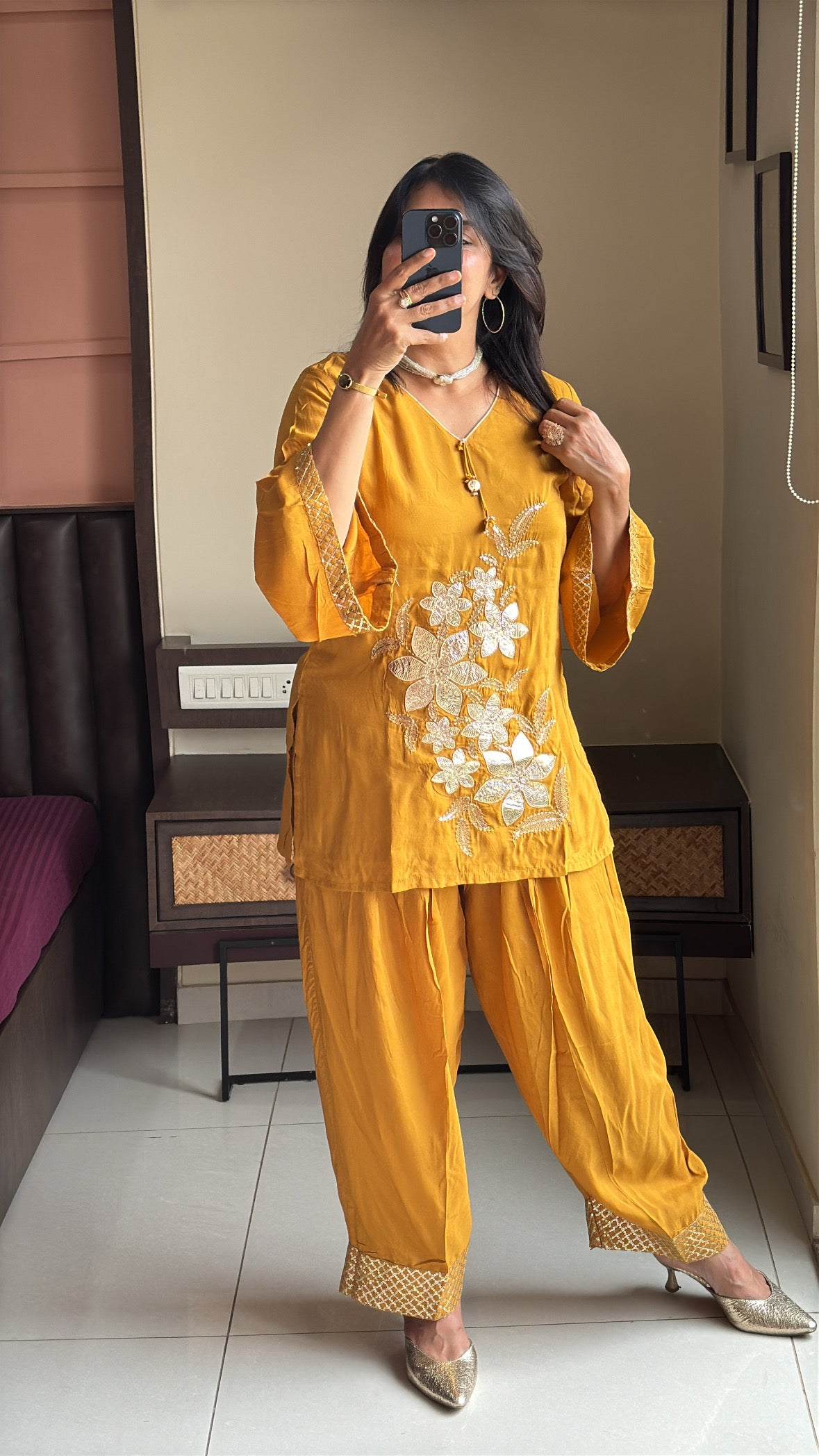 Mustard Embroidered Top & Farsi Sarwar Co-Ord Set | Appliqué Gota Patti Work | Premium Silk