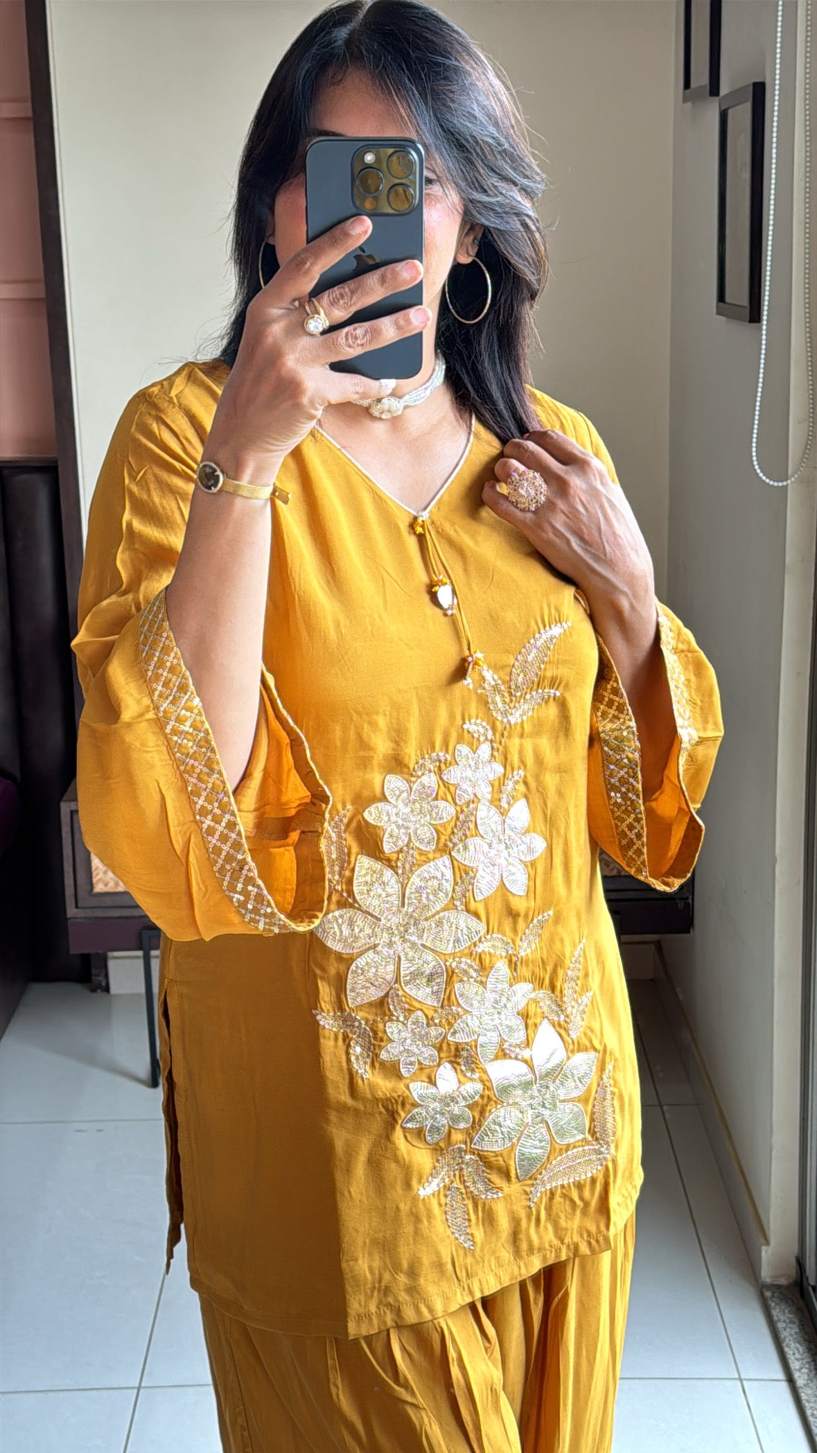 Mustard Embroidered Top & Farsi Sarwar Co-Ord Set | Appliqué Gota Patti Work | Premium Silk
