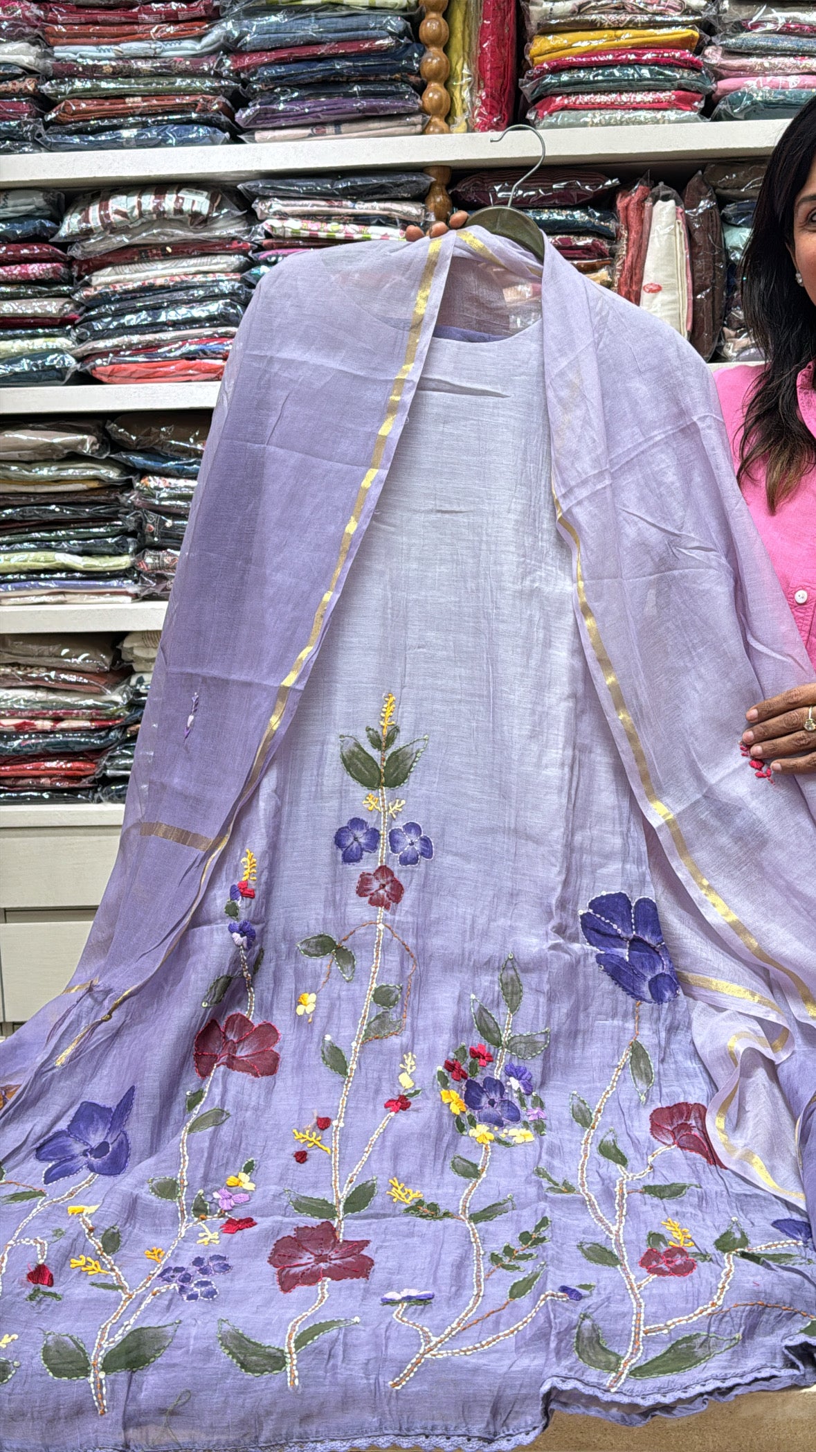 Purple Dual Shade Hand Work Kurta Pant with Dupatta Set | Thread Embroidery | Pure Mul Chanderi