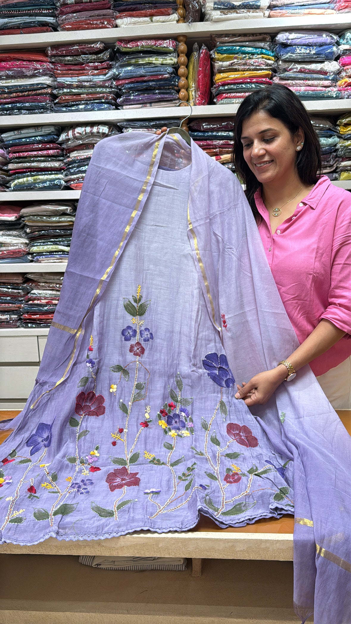Purple Dual Shade Hand Work Kurta Pant with Dupatta Set | Thread Embroidery | Pure Mul Chanderi
