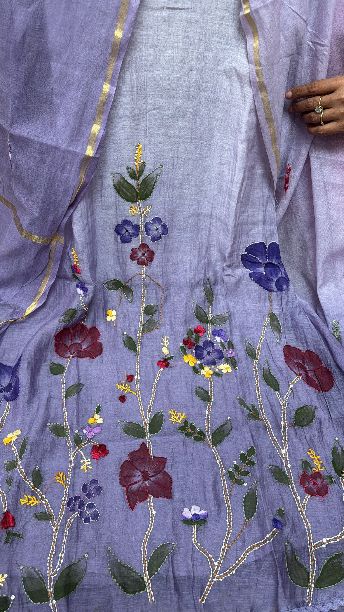 Purple Dual Shade Hand Work Kurta Pant with Dupatta Set | Thread Embroidery | Pure Mul Chanderi