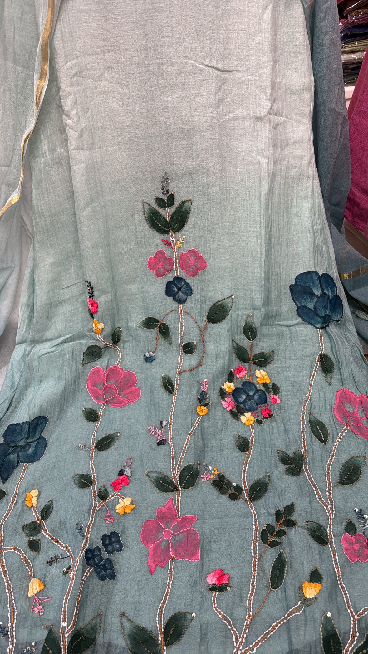 Mint Green Dual Shade Hand Work Kurta Pant with Dupatta Set | Thread Embroidery | Pure Mul Chanderi