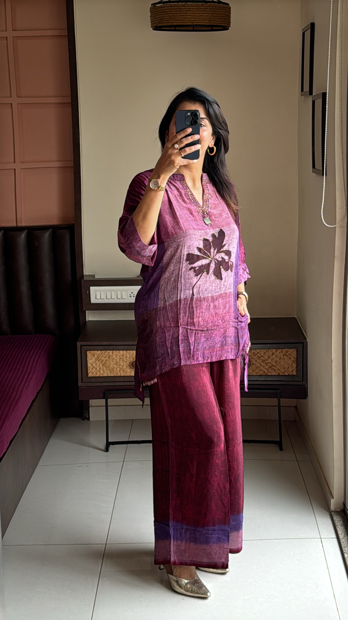 Purple Printed Embroidered Co-Ord Set | Pearl Embroidery | Premium Crepe