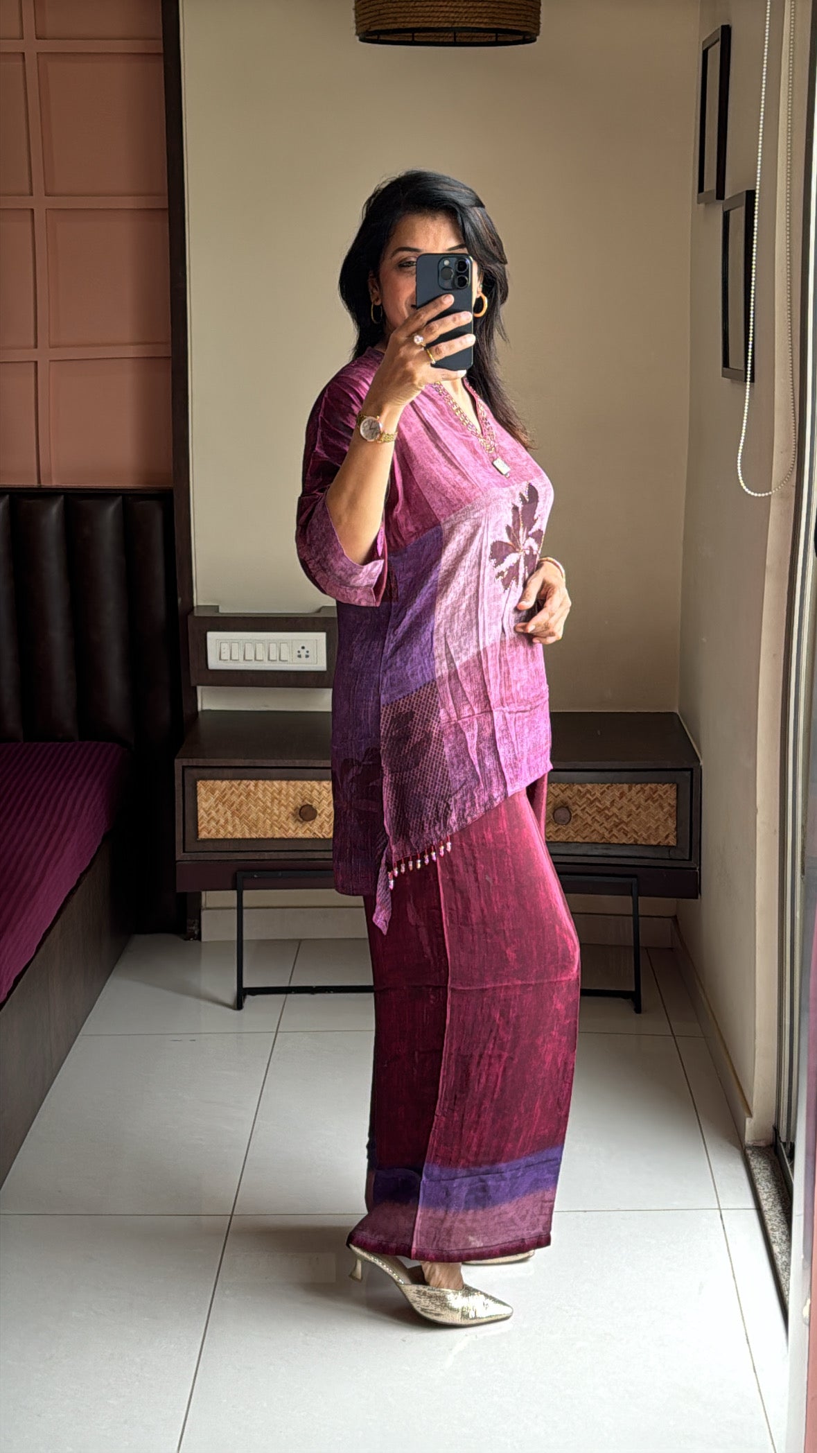 Purple Printed Embroidered Co-Ord Set | Pearl Embroidery | Premium Crepe