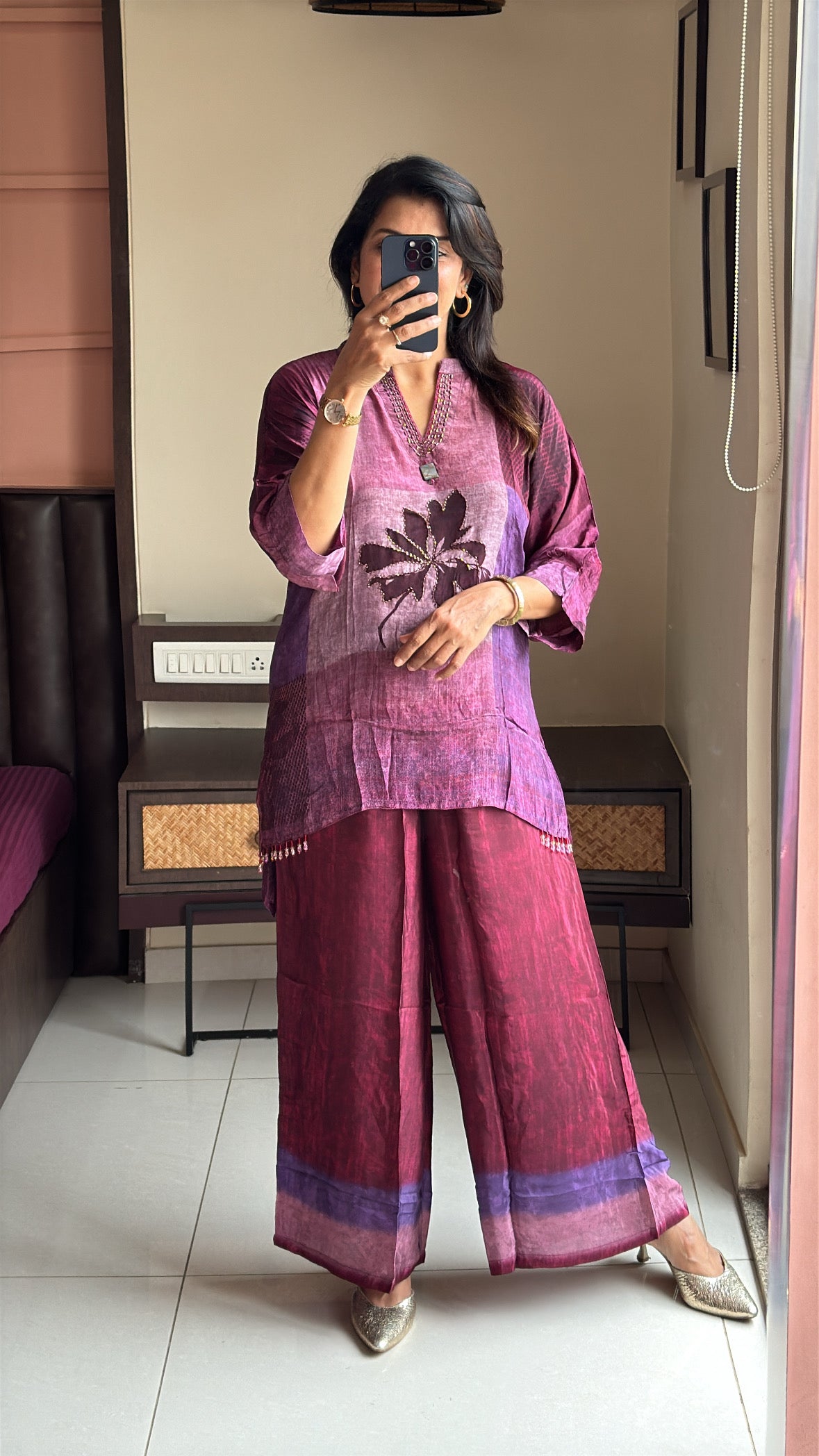 Purple Printed Embroidered Co-Ord Set | Pearl Embroidery | Premium Crepe
