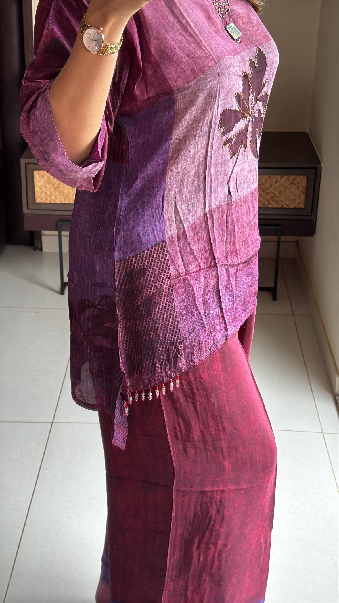 Purple Printed Embroidered Co-Ord Set | Pearl Embroidery | Premium Crepe
