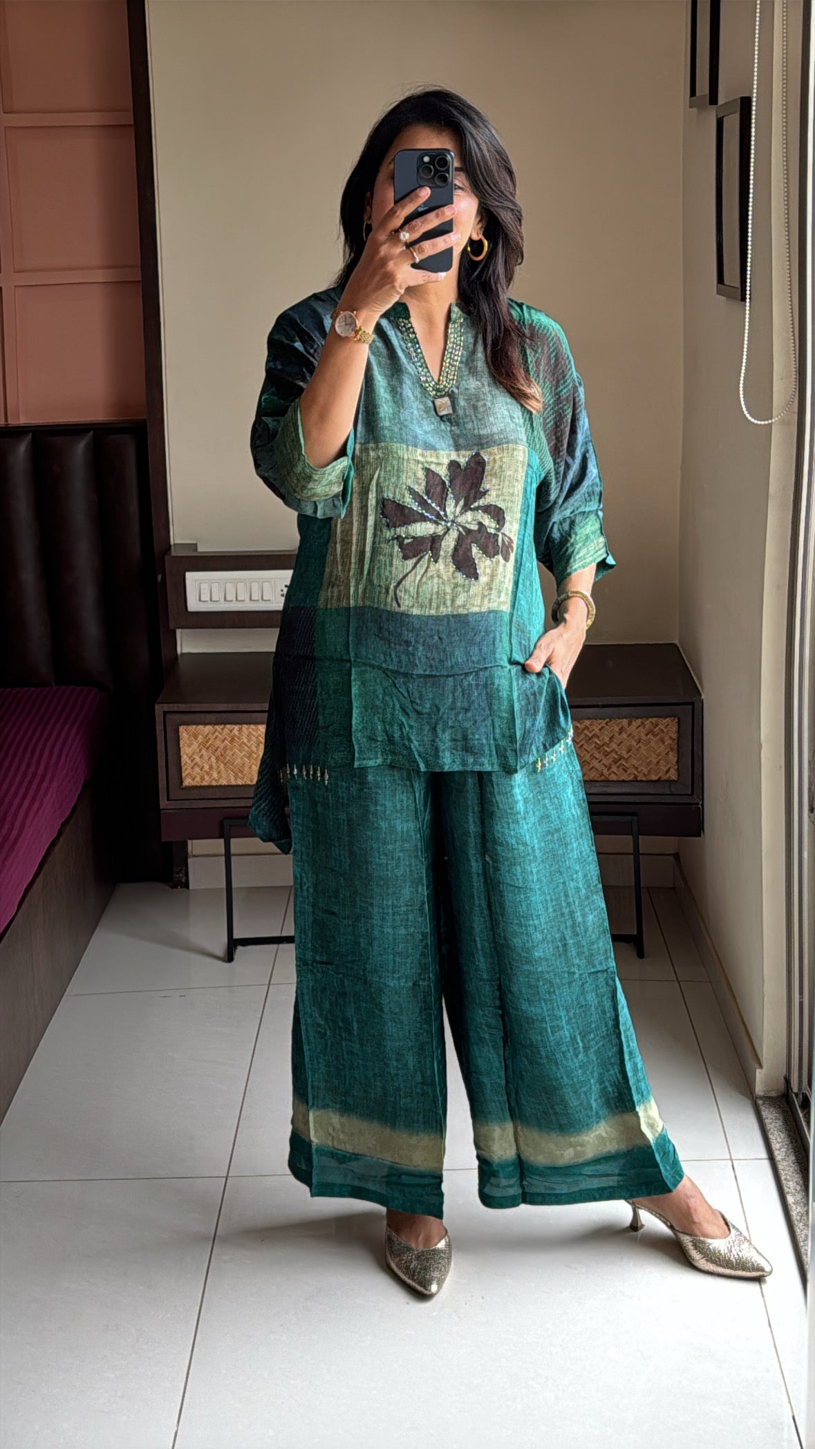 Dark Green Printed Embroidered Co-Ord Set | Pearl Embroidery | Premium Crepe