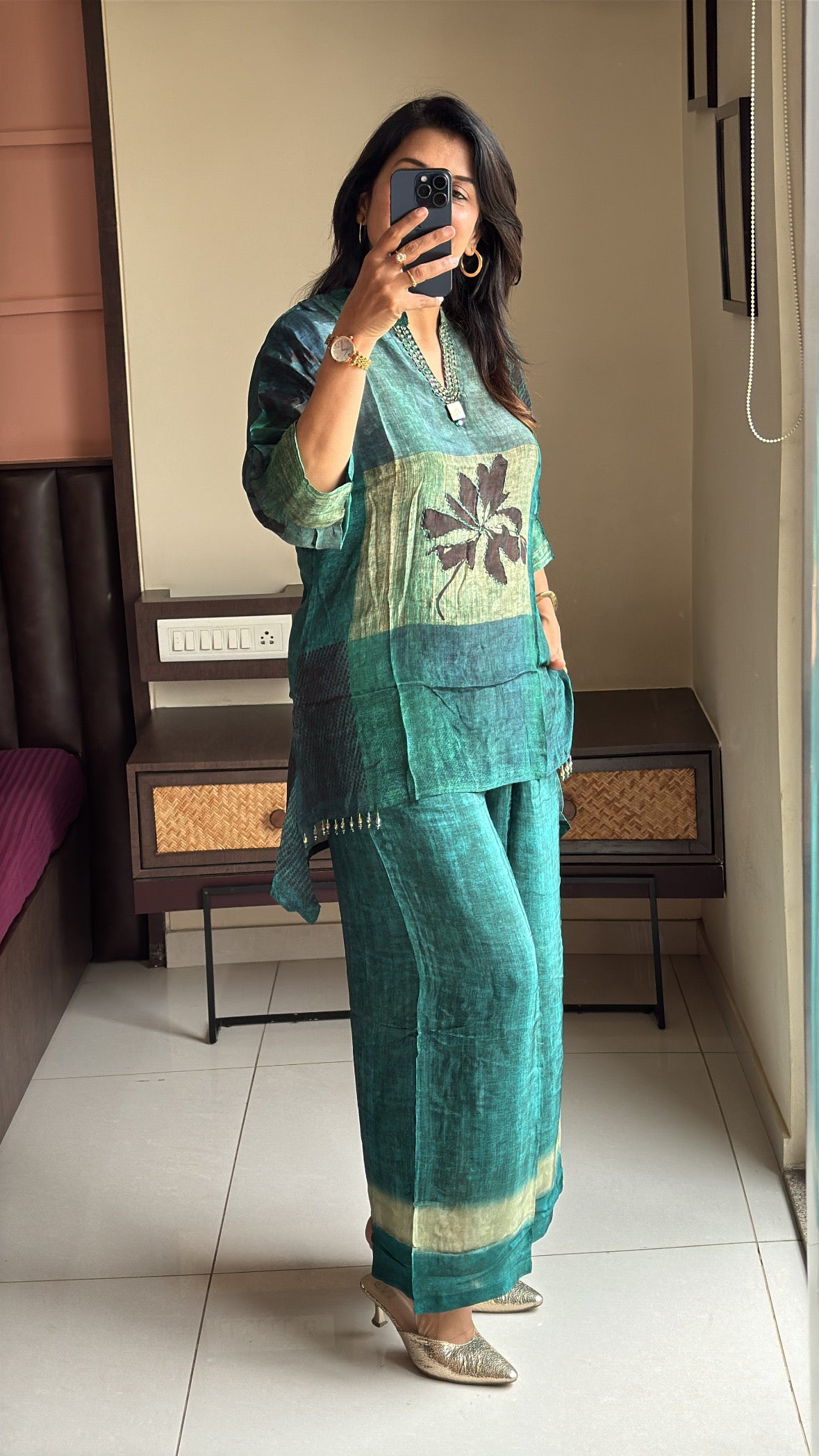Dark Green Printed Embroidered Co-Ord Set | Pearl Embroidery | Premium Crepe