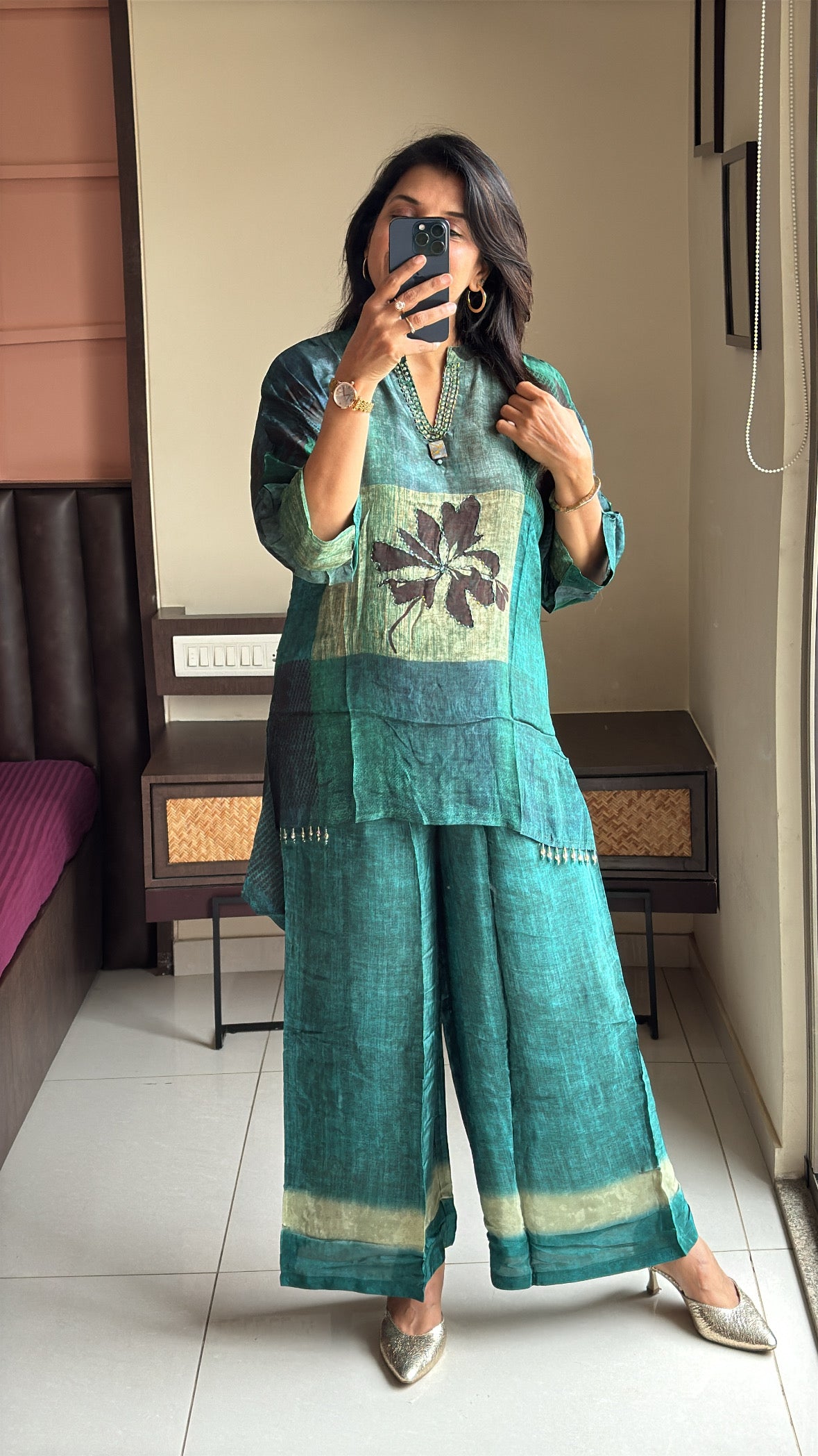 Dark Green Printed Embroidered Co-Ord Set | Pearl Embroidery | Premium Crepe