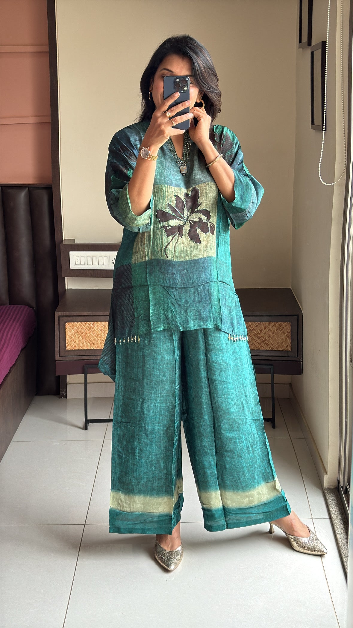 Dark Green Printed Embroidered Co-Ord Set | Pearl Embroidery | Premium Crepe