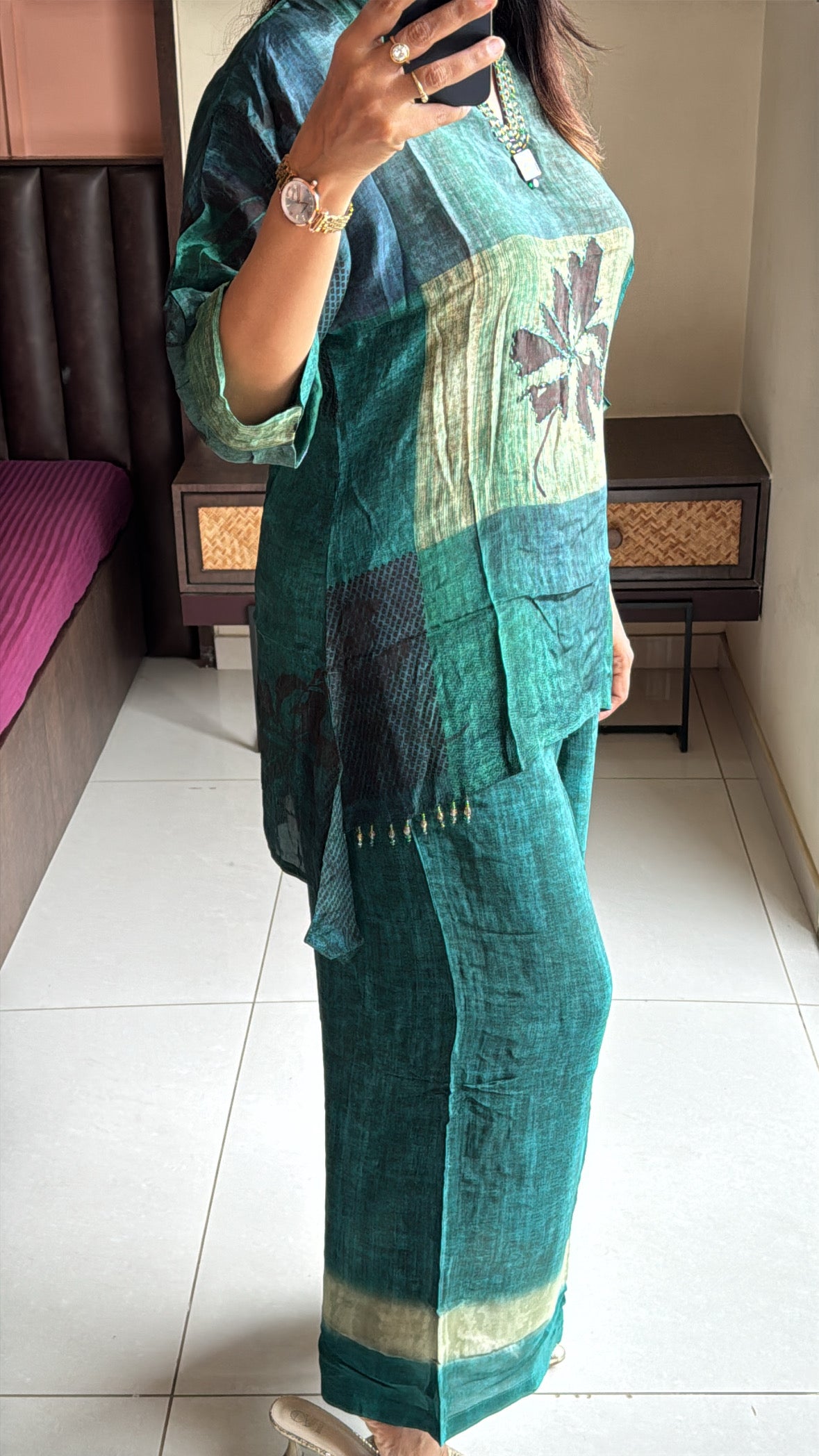 Dark Green Printed Embroidered Co-Ord Set | Pearl Embroidery | Premium Crepe