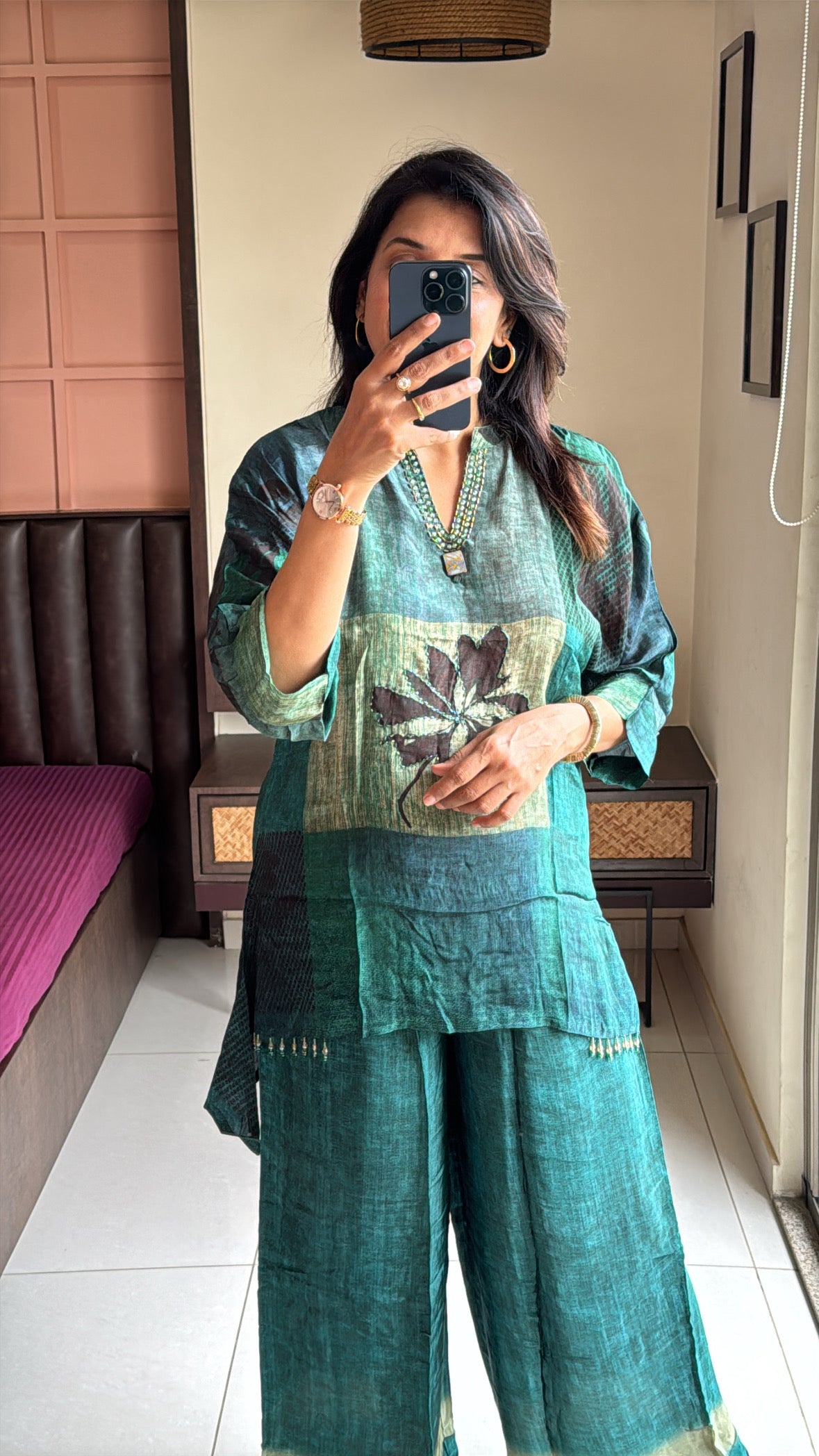 Dark Green Printed Embroidered Co-Ord Set | Pearl Embroidery | Premium Crepe