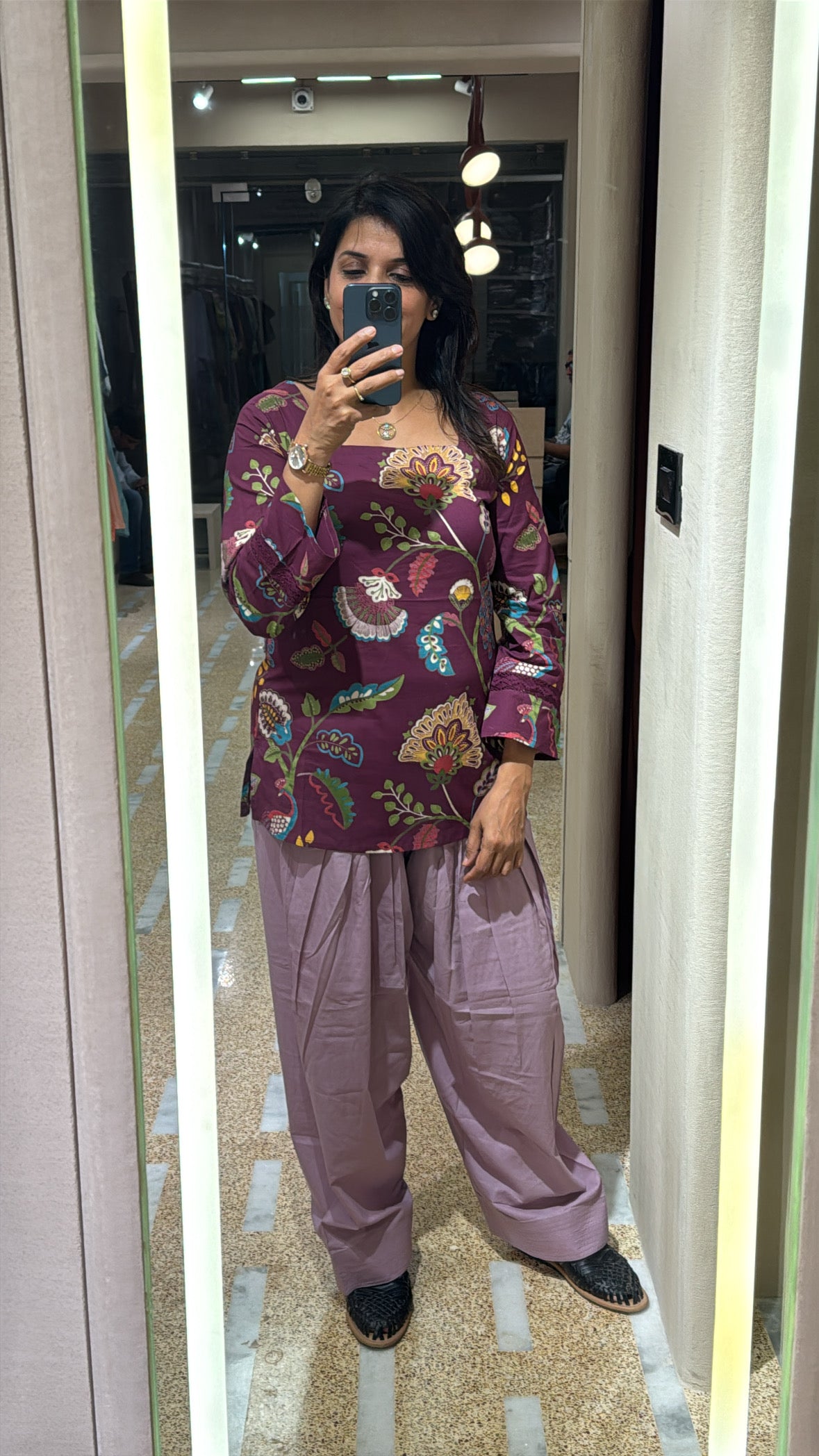 Purple Printed Top with Farsi Sarwar Co-Ord Set | Floral Block Print | Soft Cotton