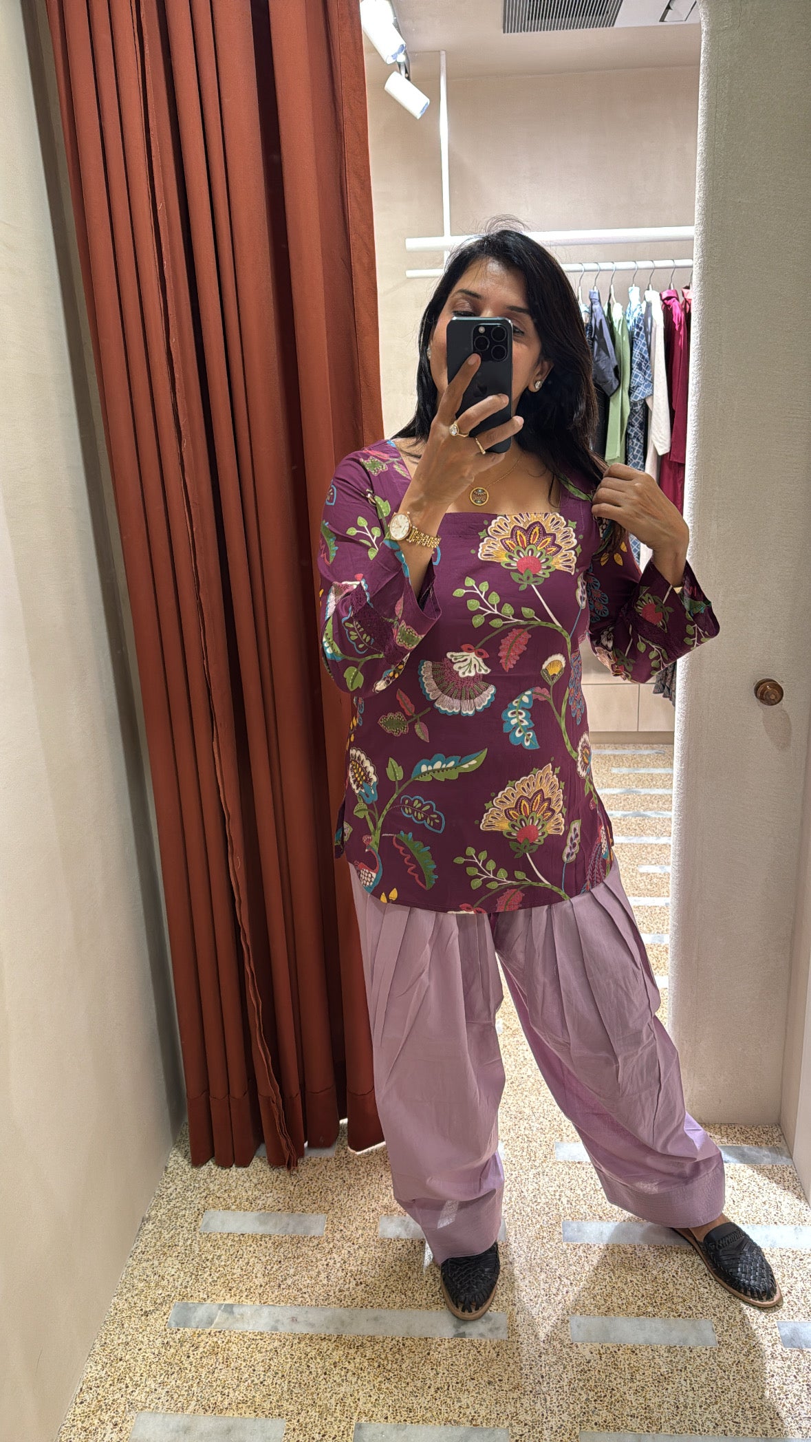 Purple Printed Top with Farsi Sarwar Co-Ord Set | Floral Block Print | Soft Cotton