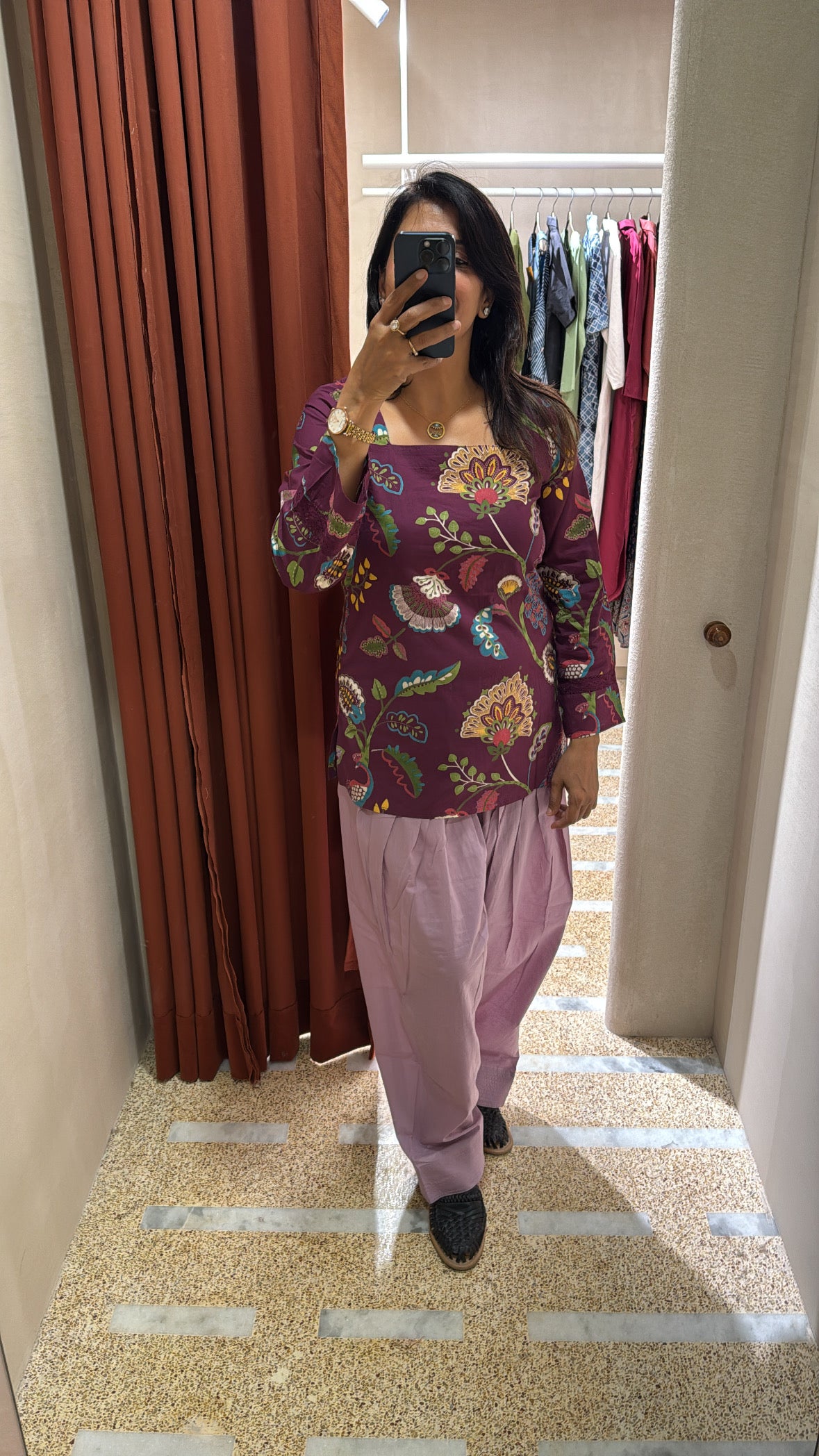 Purple Printed Top with Farsi Sarwar Co-Ord Set | Floral Block Print | Soft Cotton