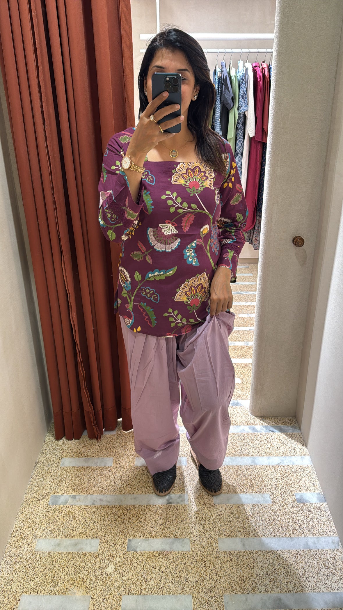 Purple Printed Top with Farsi Sarwar Co-Ord Set | Floral Block Print | Soft Cotton