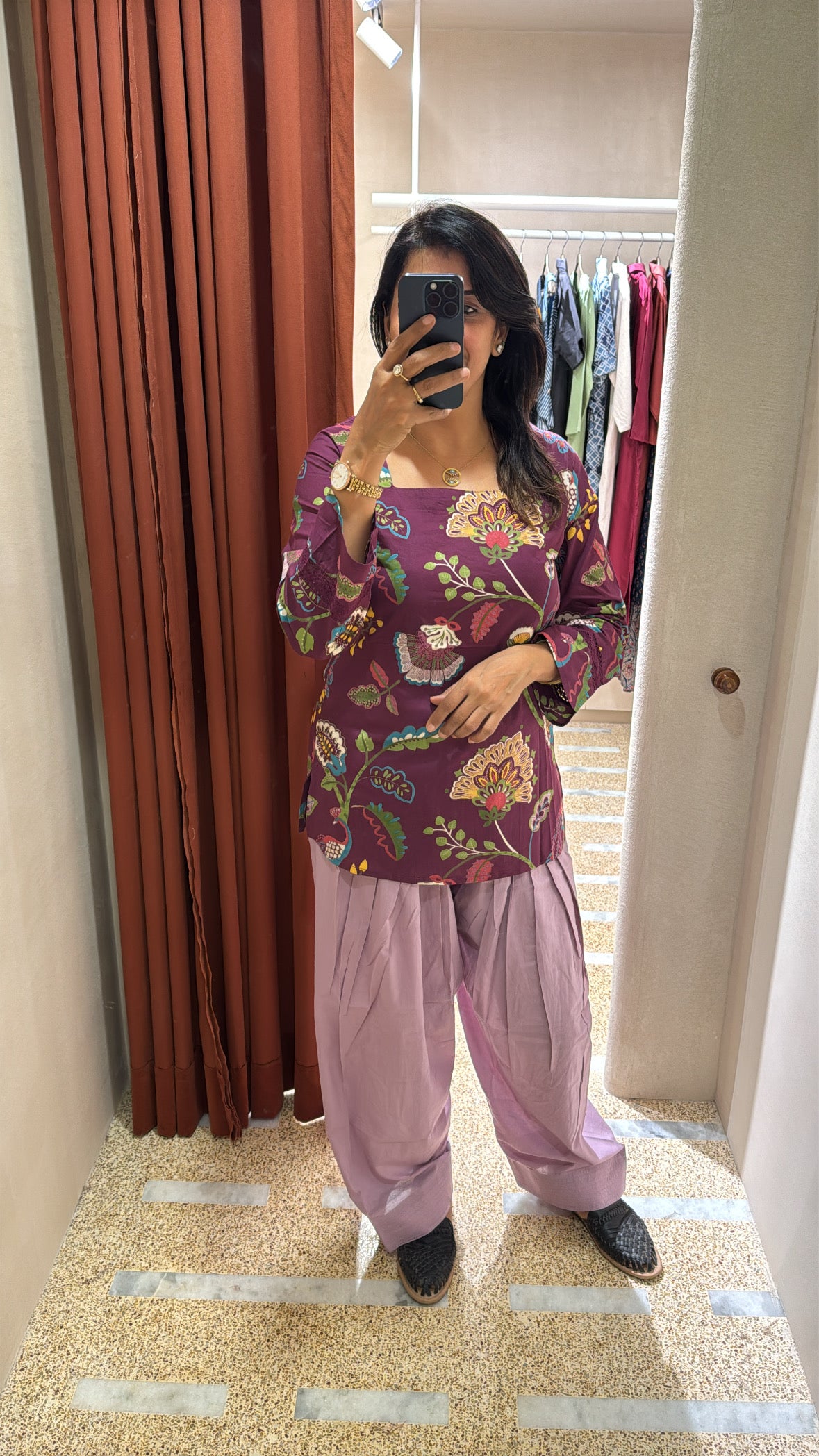 Purple Printed Top with Farsi Sarwar Co-Ord Set | Floral Block Print | Soft Cotton