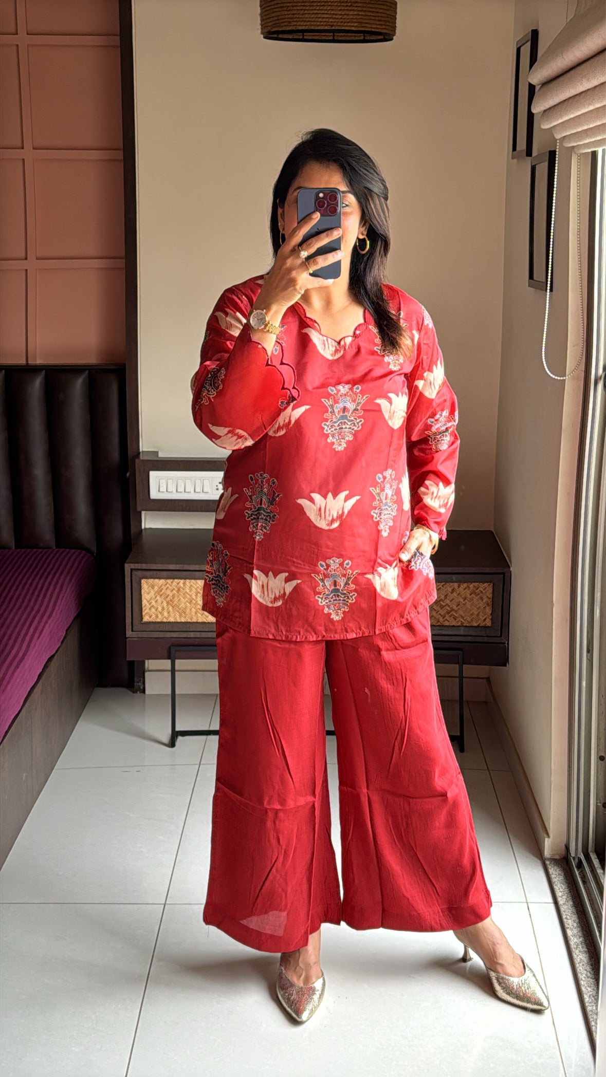 Coral Red Ajrakh Printed Co-Ord Set with Palazzo | Pure Crepe