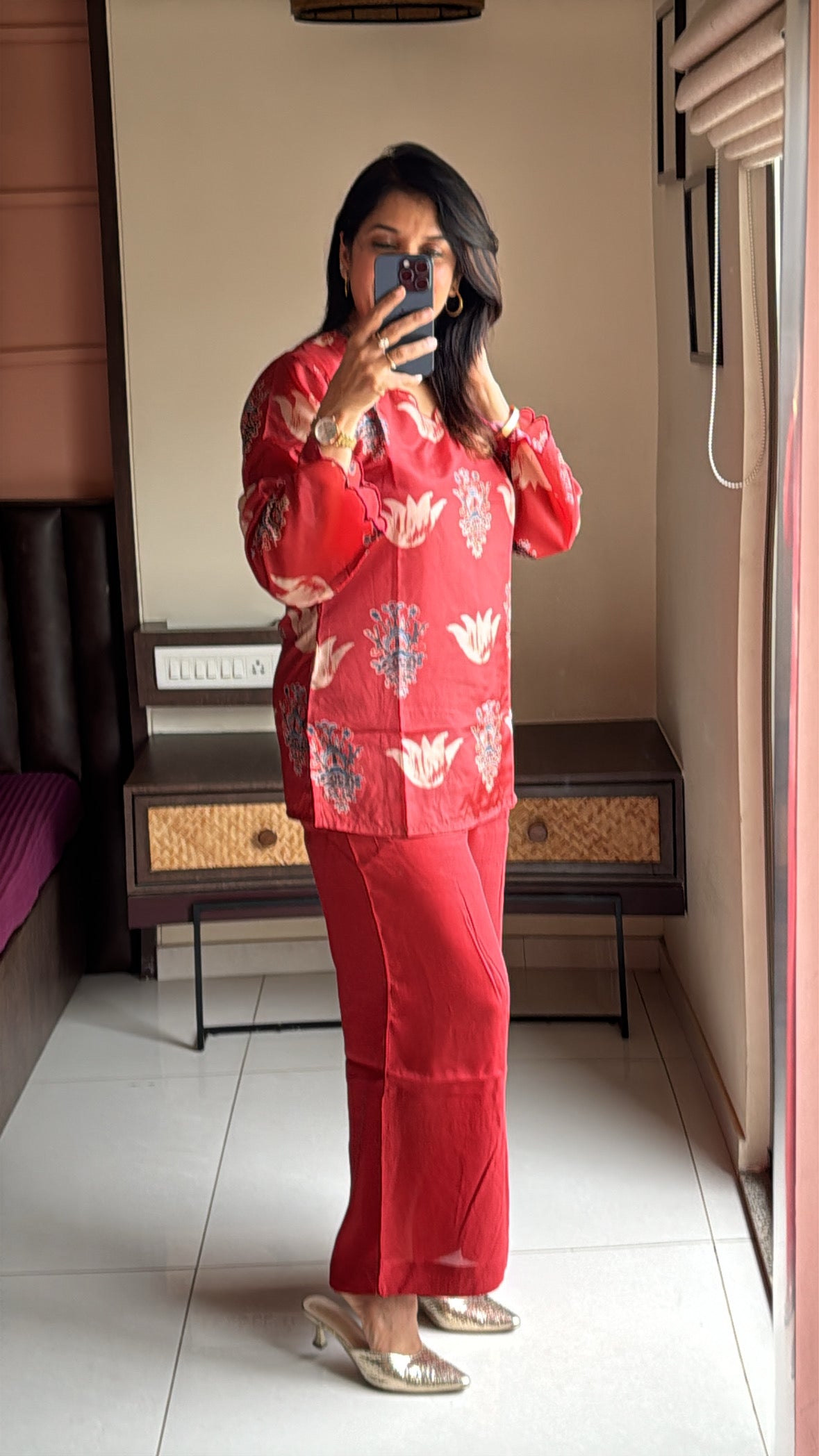 Coral Red Ajrakh Printed Co-Ord Set with Palazzo | Pure Crepe