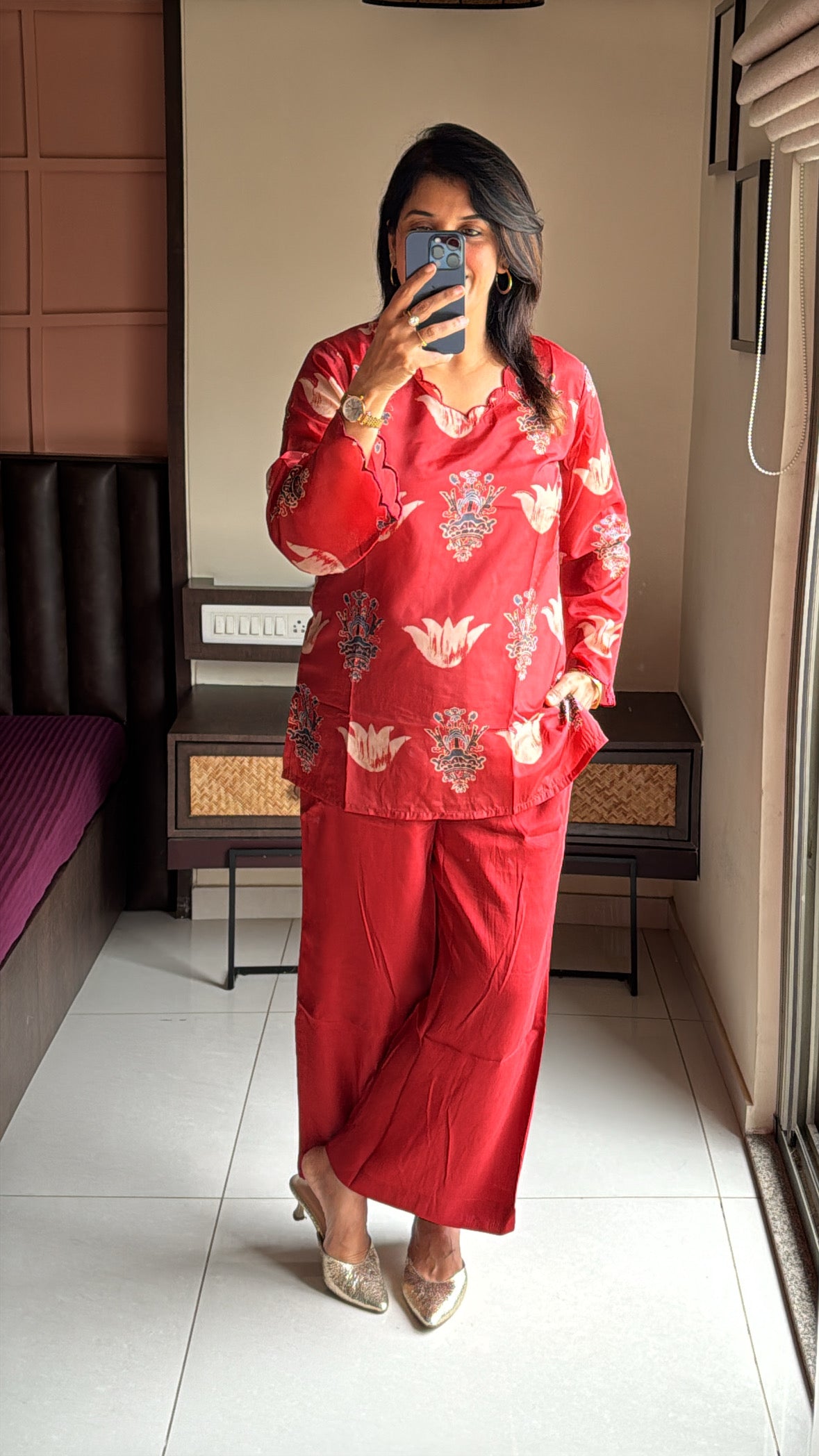 Coral Red Ajrakh Printed Co-Ord Set with Palazzo | Pure Crepe