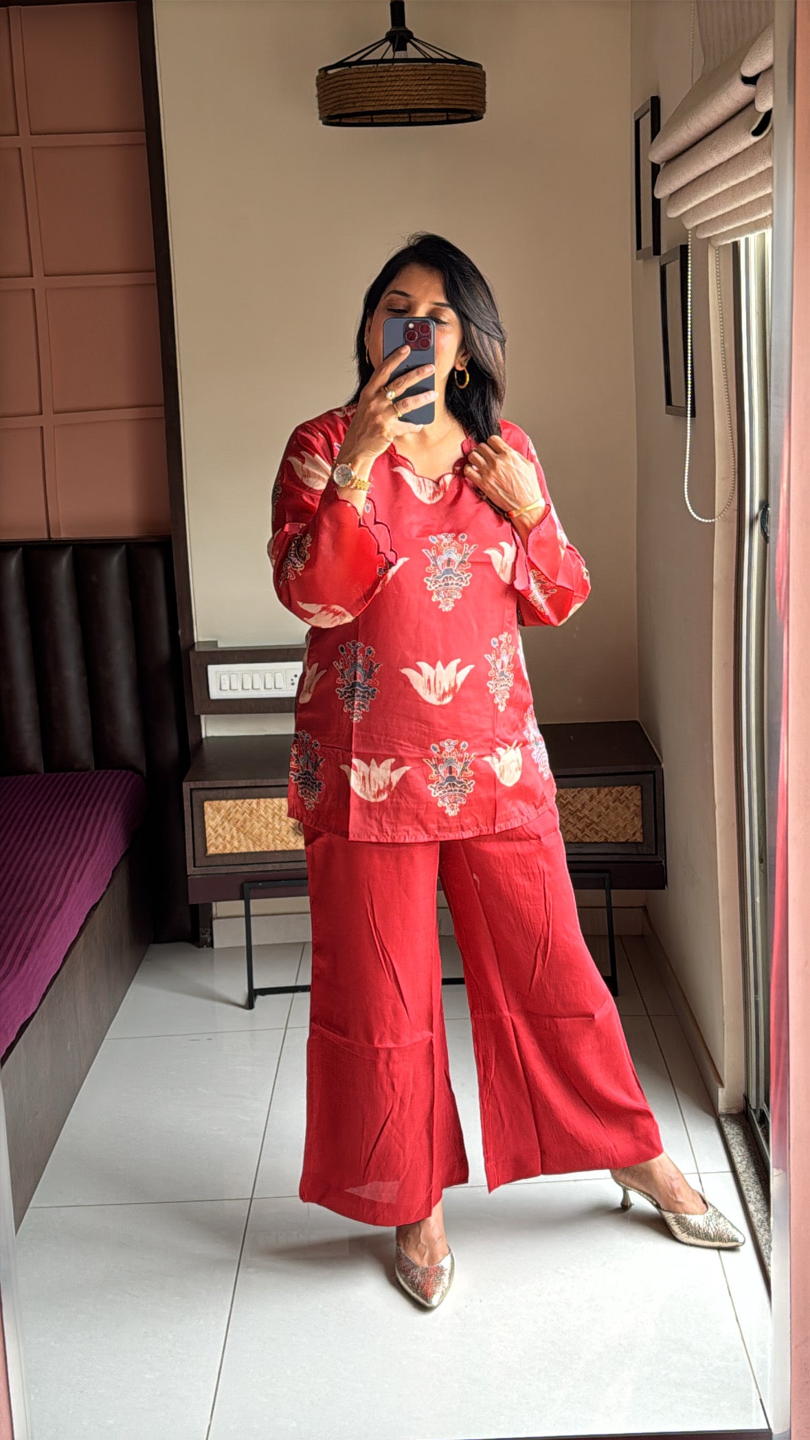 Coral Red Ajrakh Printed Co-Ord Set with Palazzo | Pure Crepe