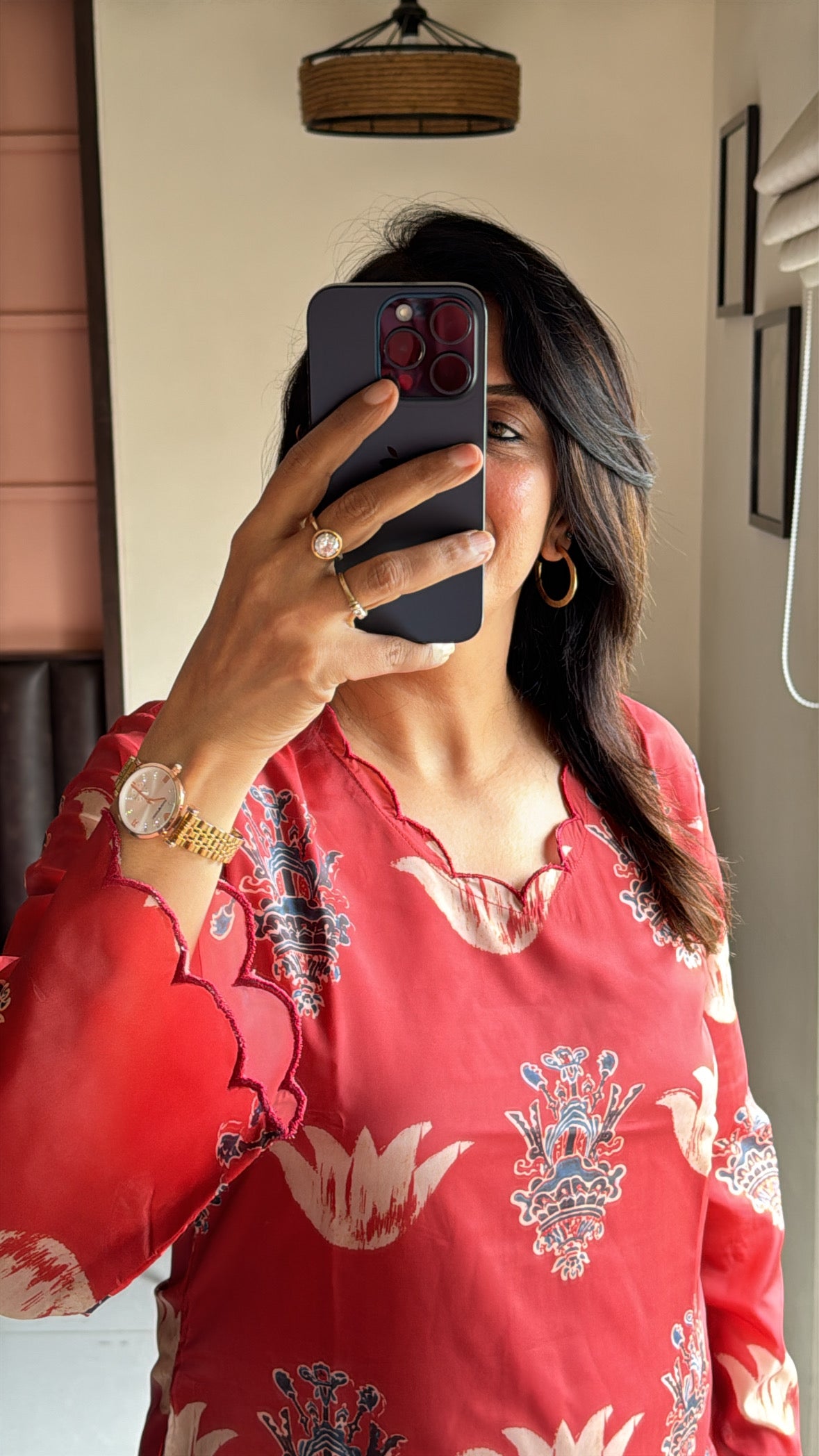 Coral Red Ajrakh Printed Co-Ord Set with Palazzo | Pure Crepe