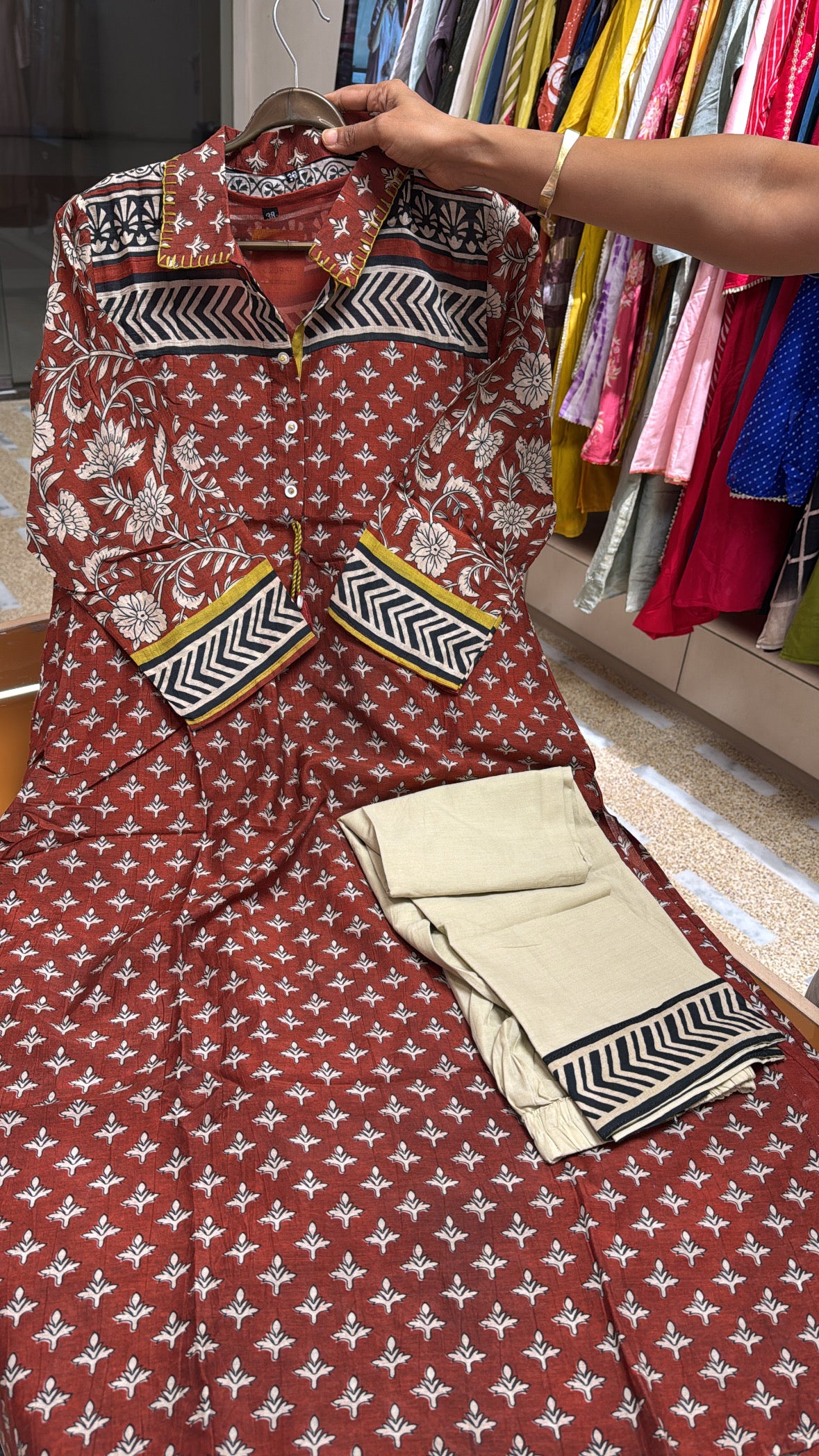 Red Rust Kalamkari Print Kurta & Plazzo Set with Detachable Inner | Pure Mul Chanderi