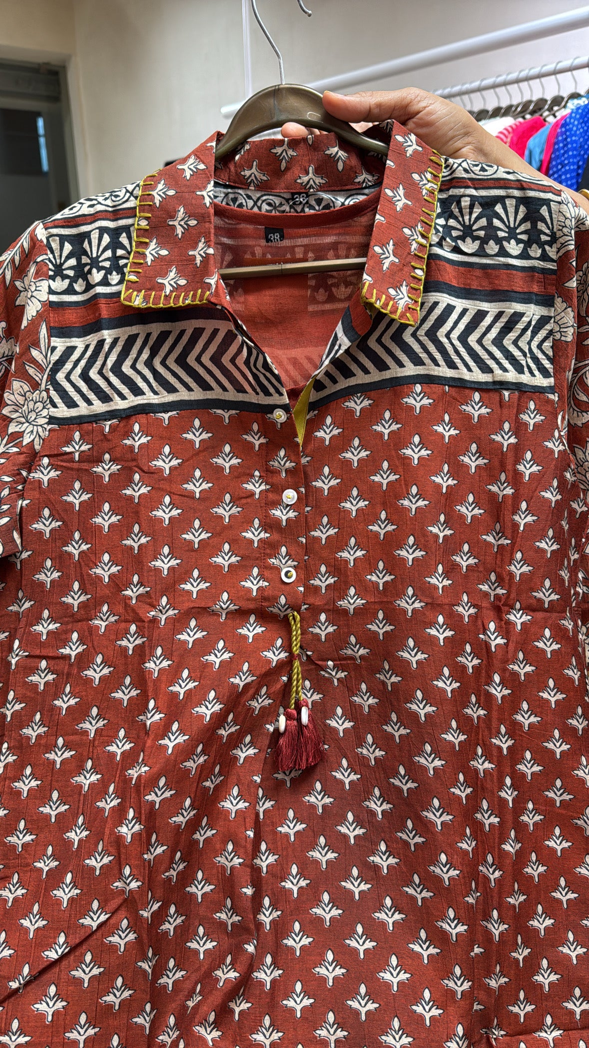 Red Rust Kalamkari Print Kurta & Plazzo Set with Detachable Inner | Pure Mul Chanderi