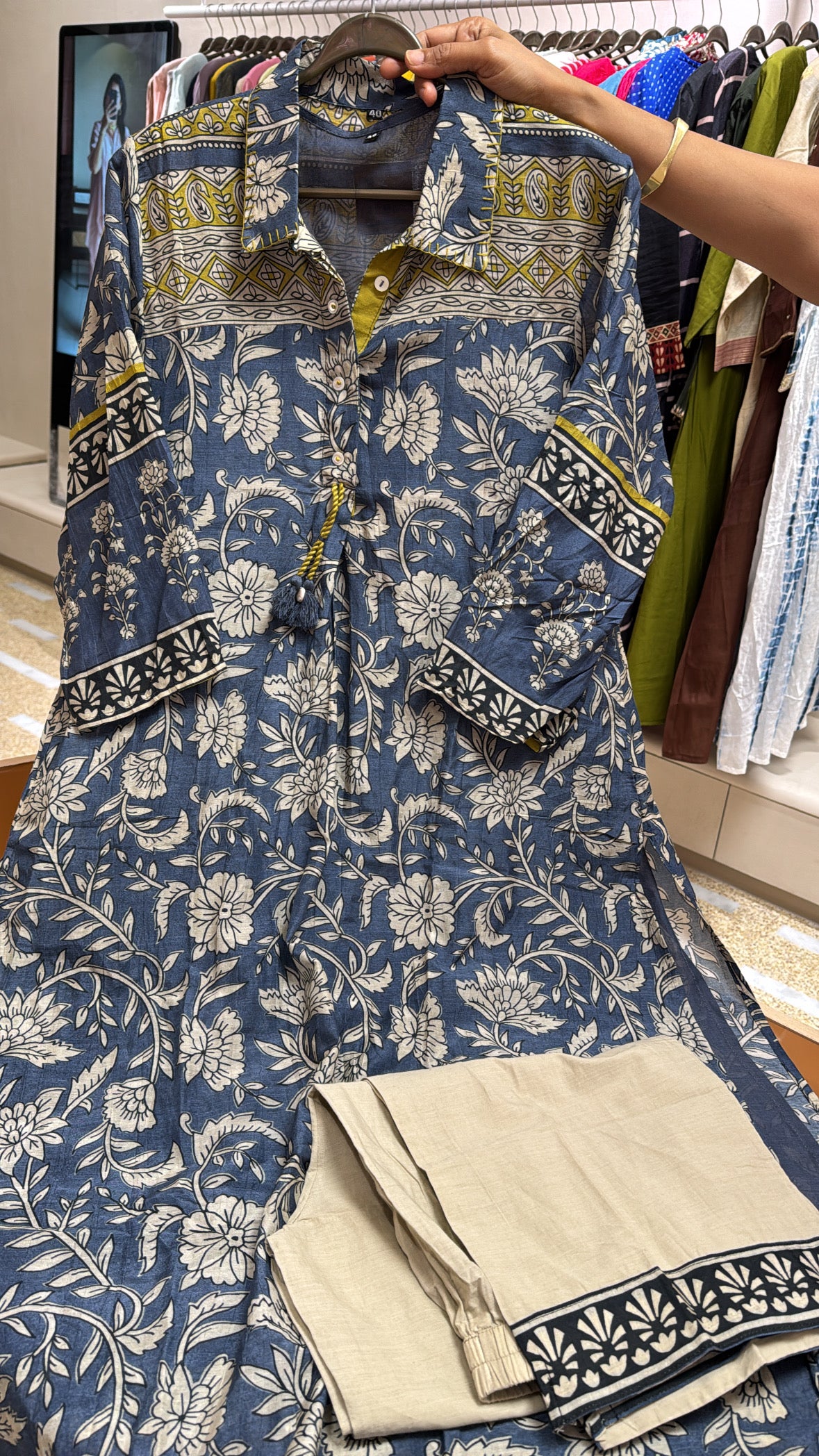 Indigo Blue Kalamkari Print Kurta & Plazzo Set with Detachable Inner | Pure Mul Chanderi