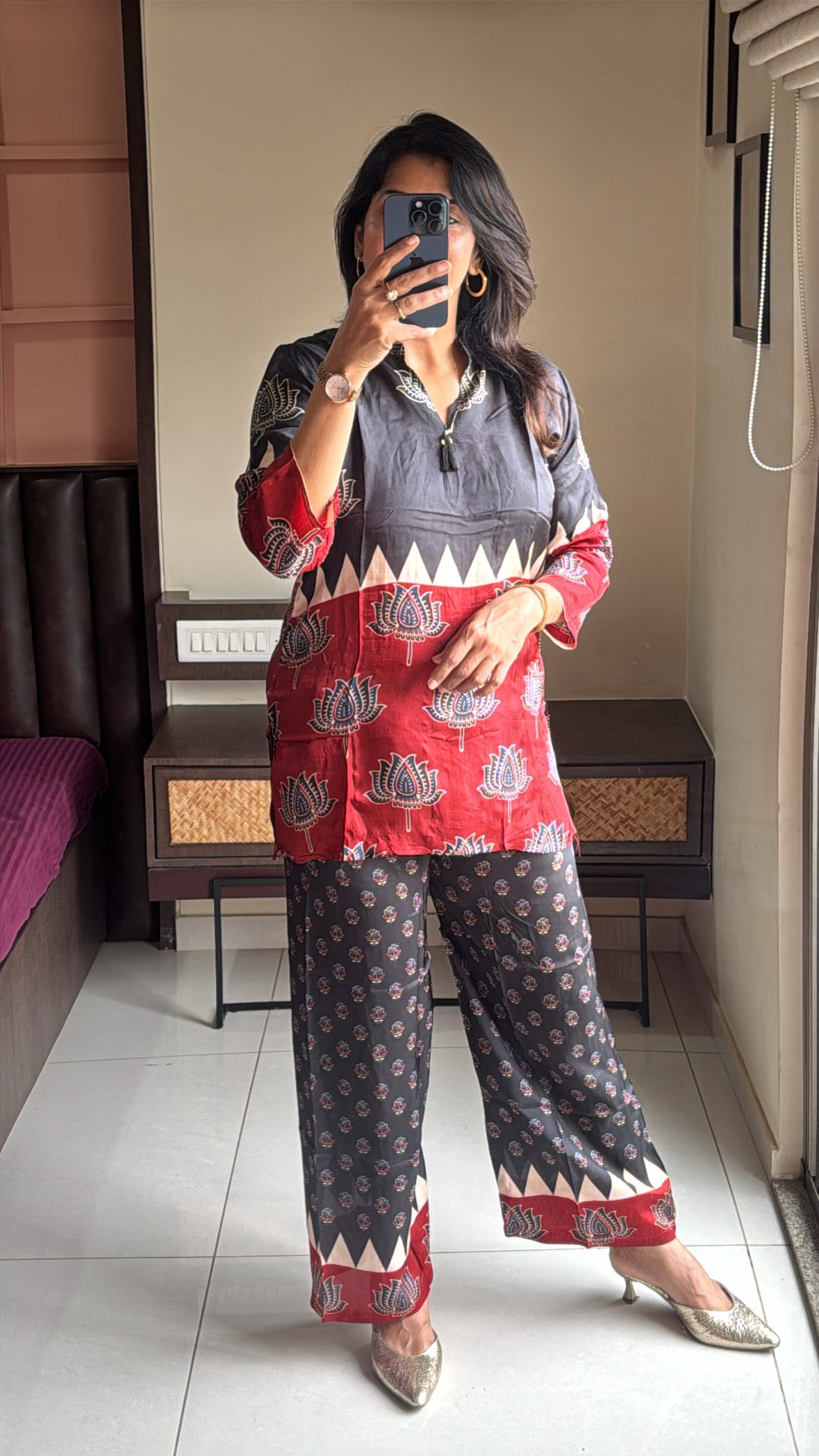 Black Maroon Kalamkari Printed Co-Ord Set | Premium Crepe