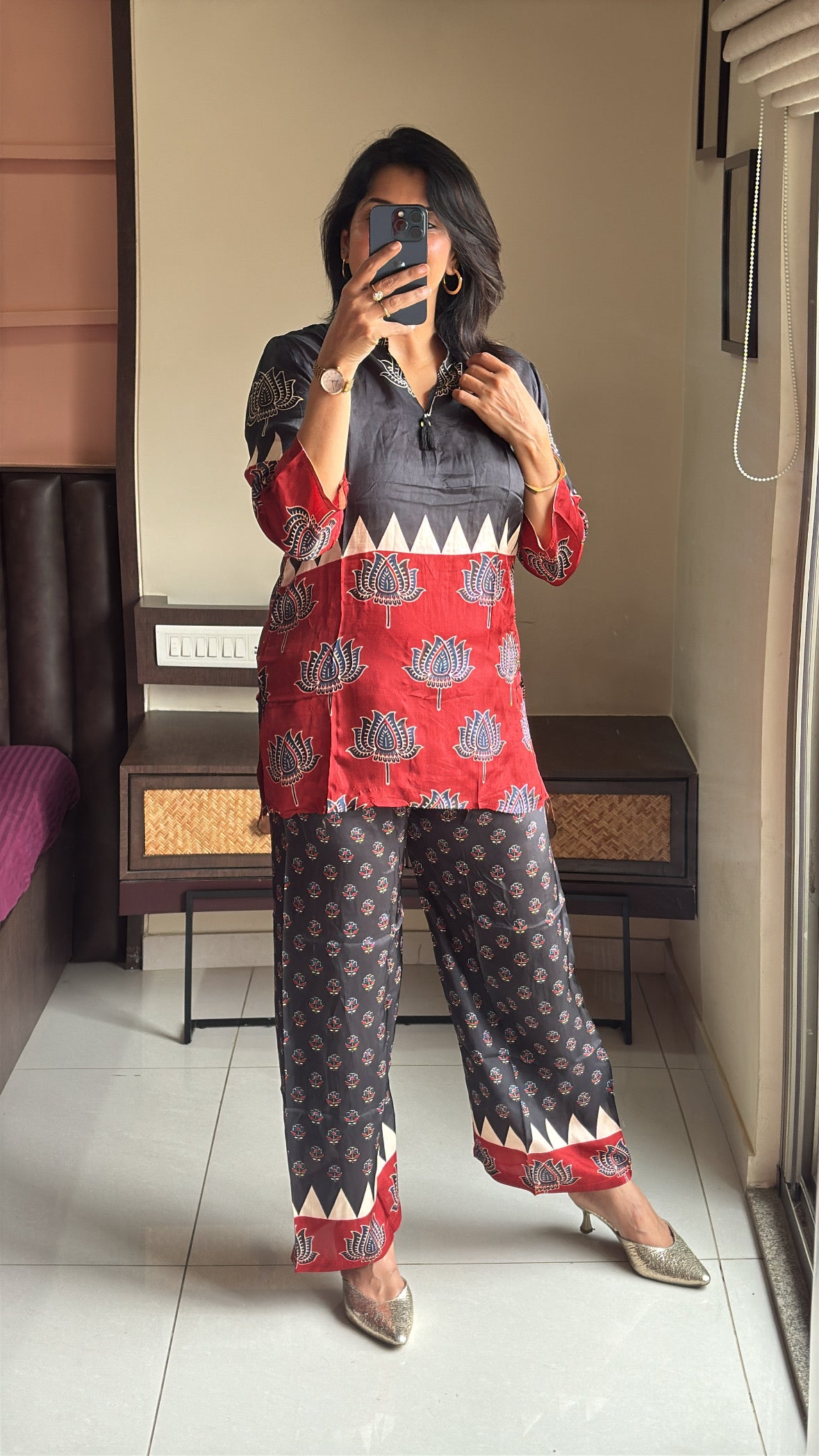 Black Maroon Kalamkari Printed Co-Ord Set | Premium Crepe