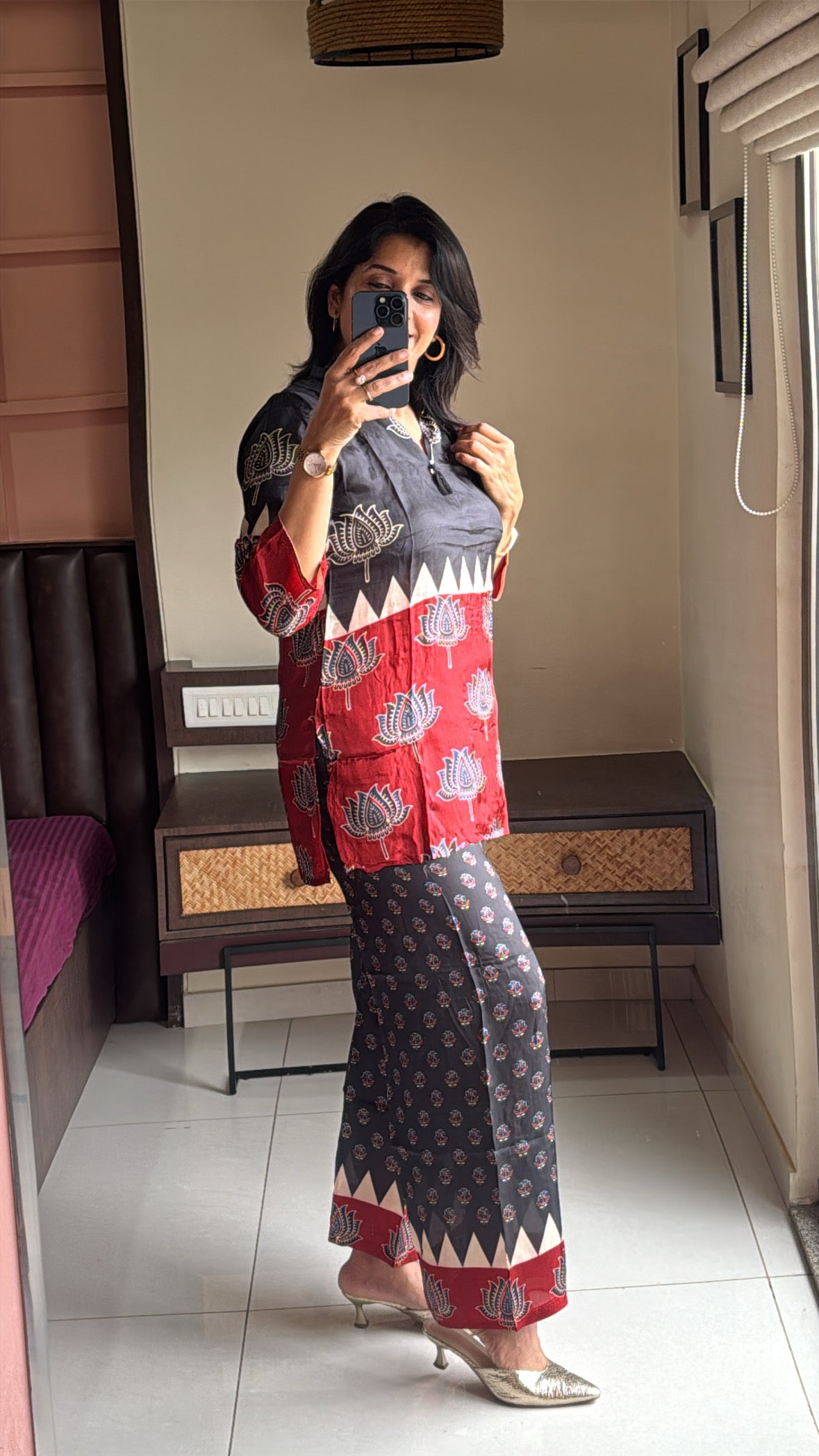 Black Maroon Kalamkari Printed Co-Ord Set | Premium Crepe