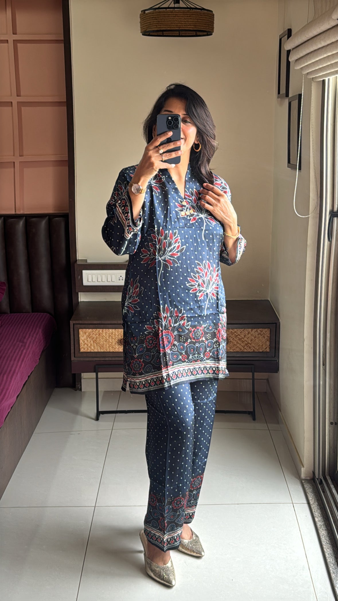 Dark Navy Kalamkari Printed Co-Ord Set | Premium Crepe
