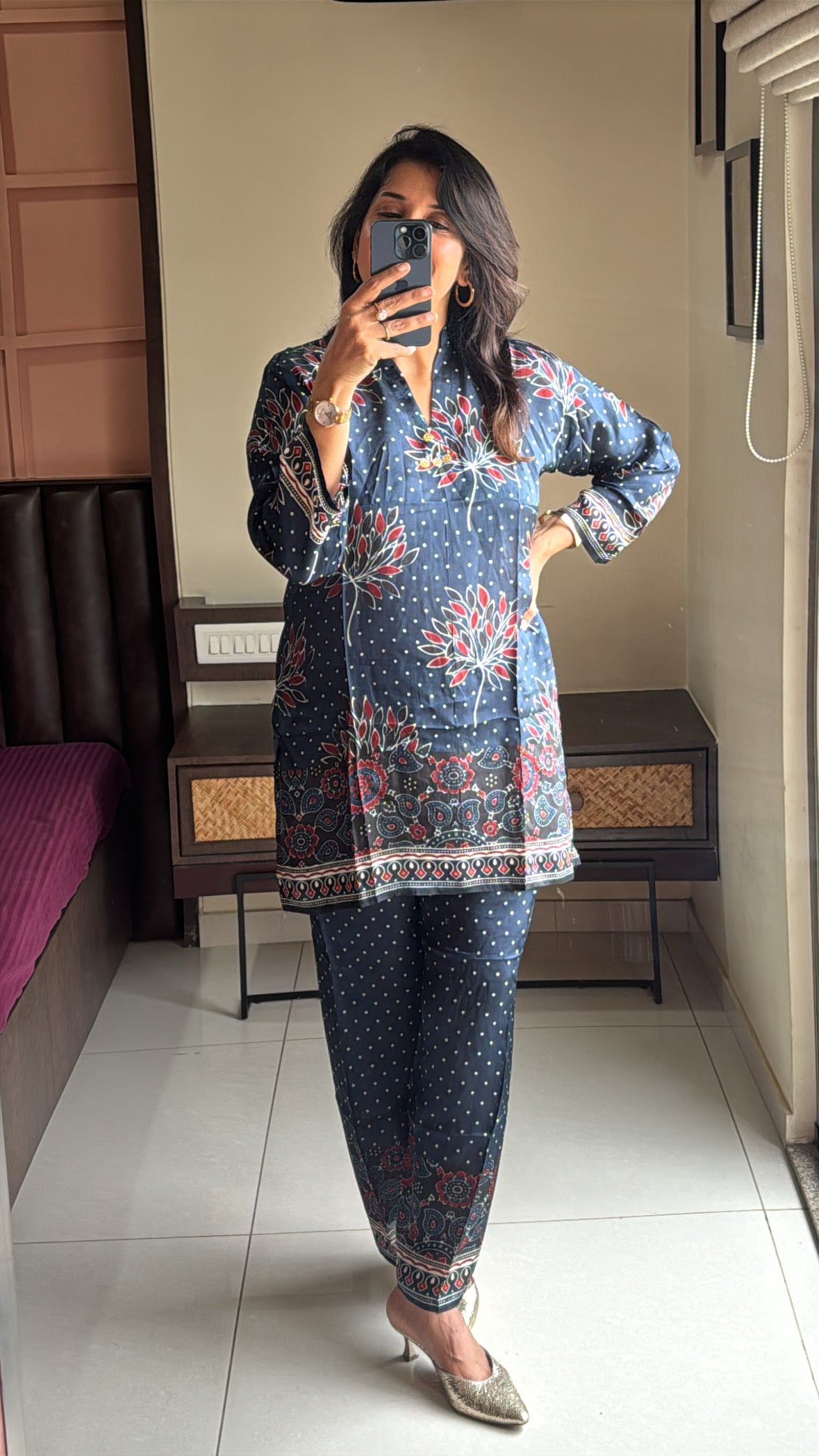 Dark Navy Kalamkari Printed Co-Ord Set | Premium Crepe