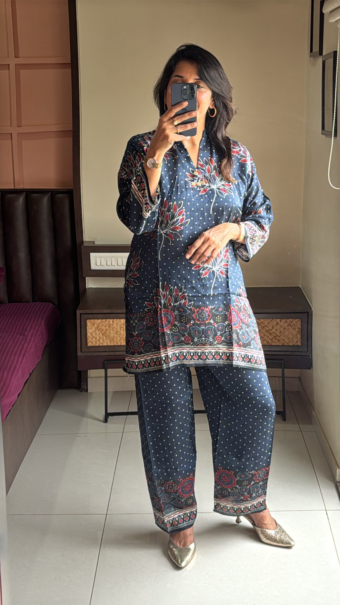 Dark Navy Kalamkari Printed Co-Ord Set | Premium Crepe