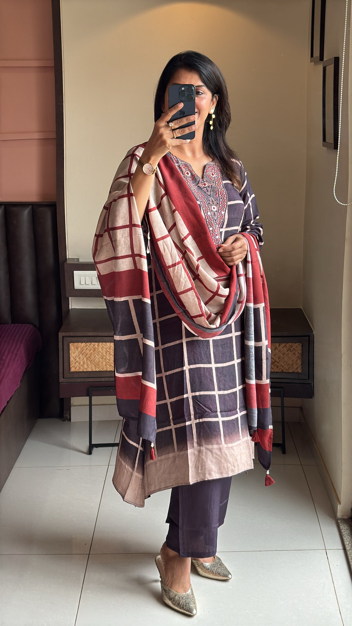 Dark Coffee Pure Crepe Dupatta Set with Kalamkari Print & Embroidery | Designer Wear for Women