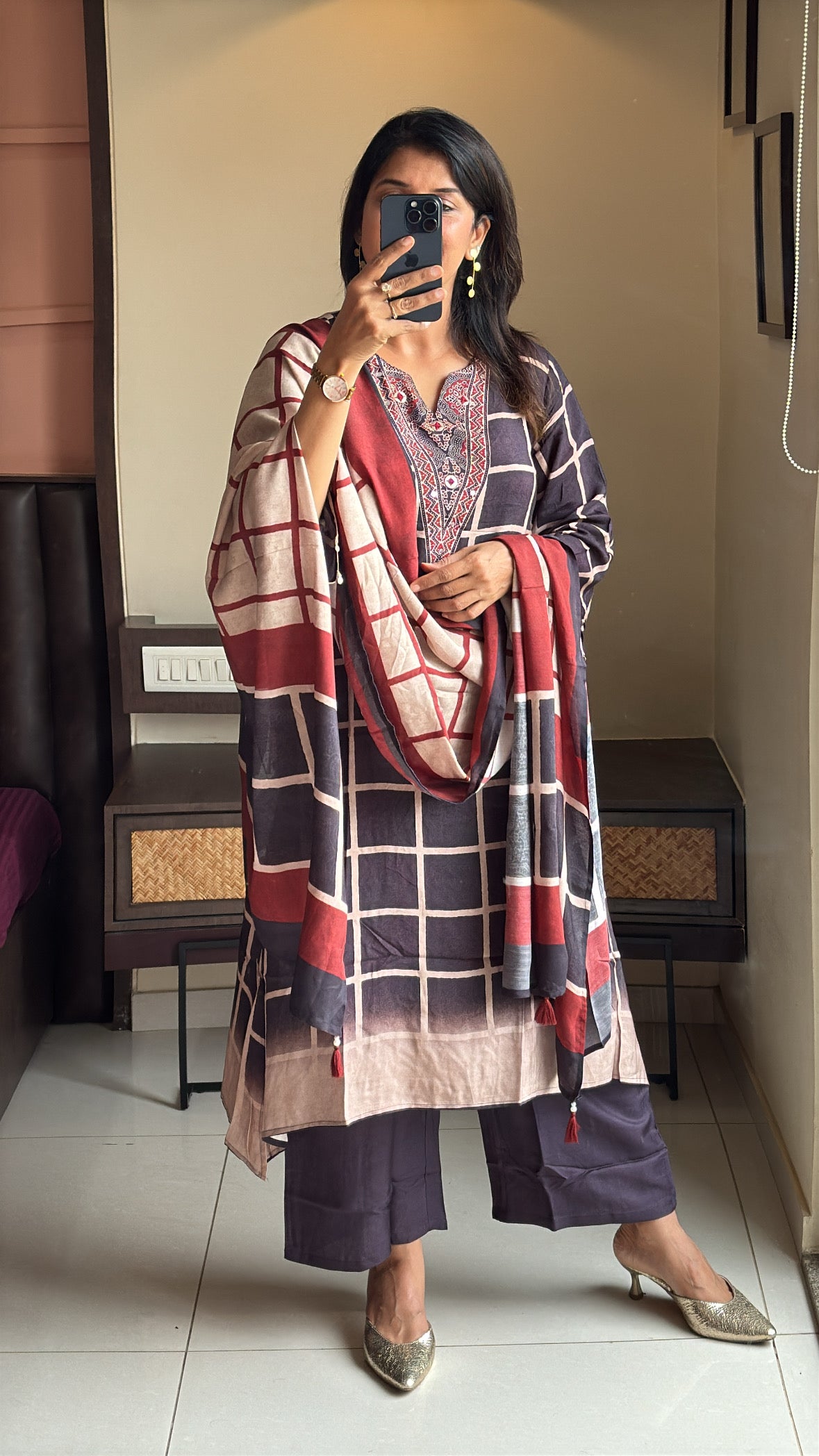 Dark Coffee Pure Crepe Dupatta Set with Kalamkari Print & Embroidery | Designer Wear for Women