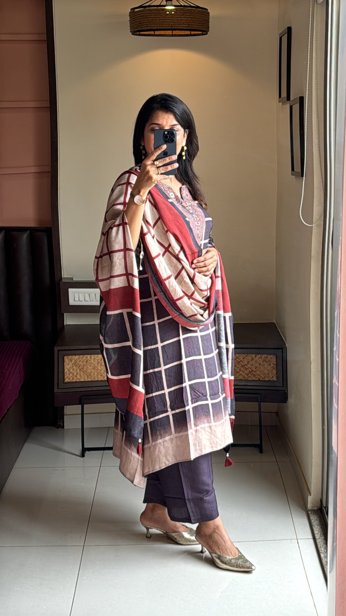 Dark Coffee Pure Crepe Dupatta Set with Kalamkari Print & Embroidery | Designer Wear for Women
