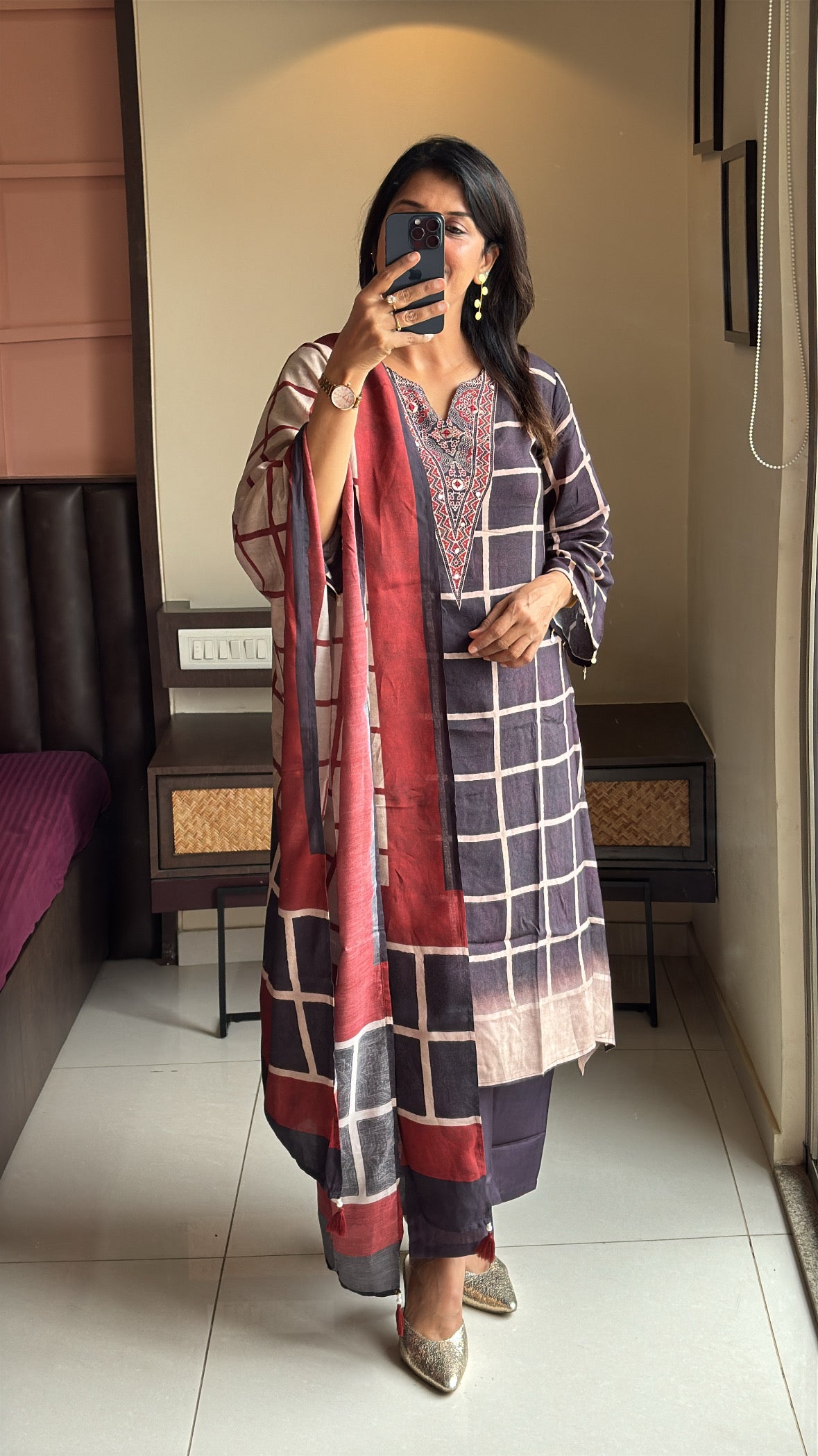Dark Coffee Pure Crepe Dupatta Set with Kalamkari Print & Embroidery | Designer Wear for Women