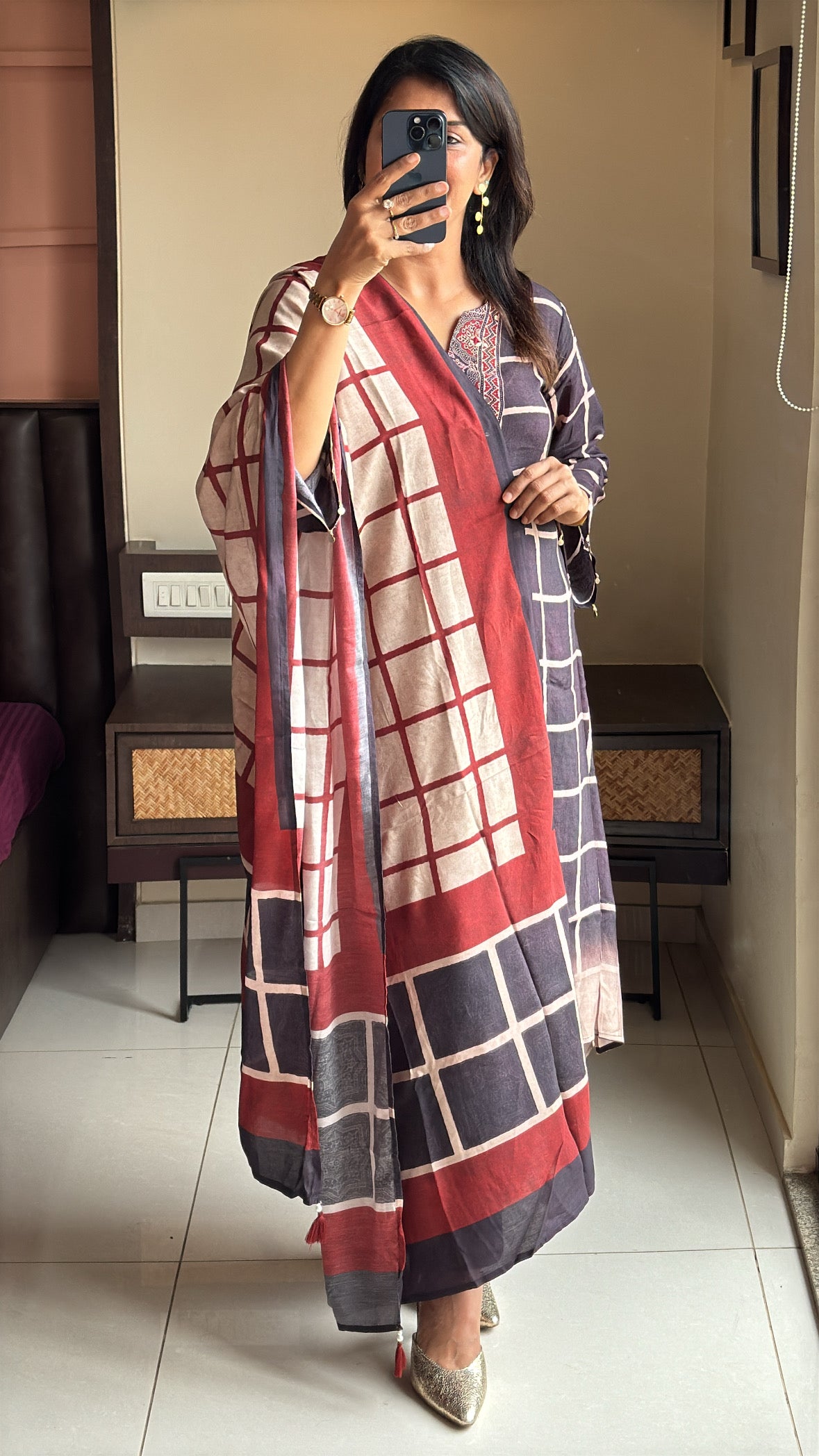 Dark Coffee Pure Crepe Dupatta Set with Kalamkari Print & Embroidery | Designer Wear for Women