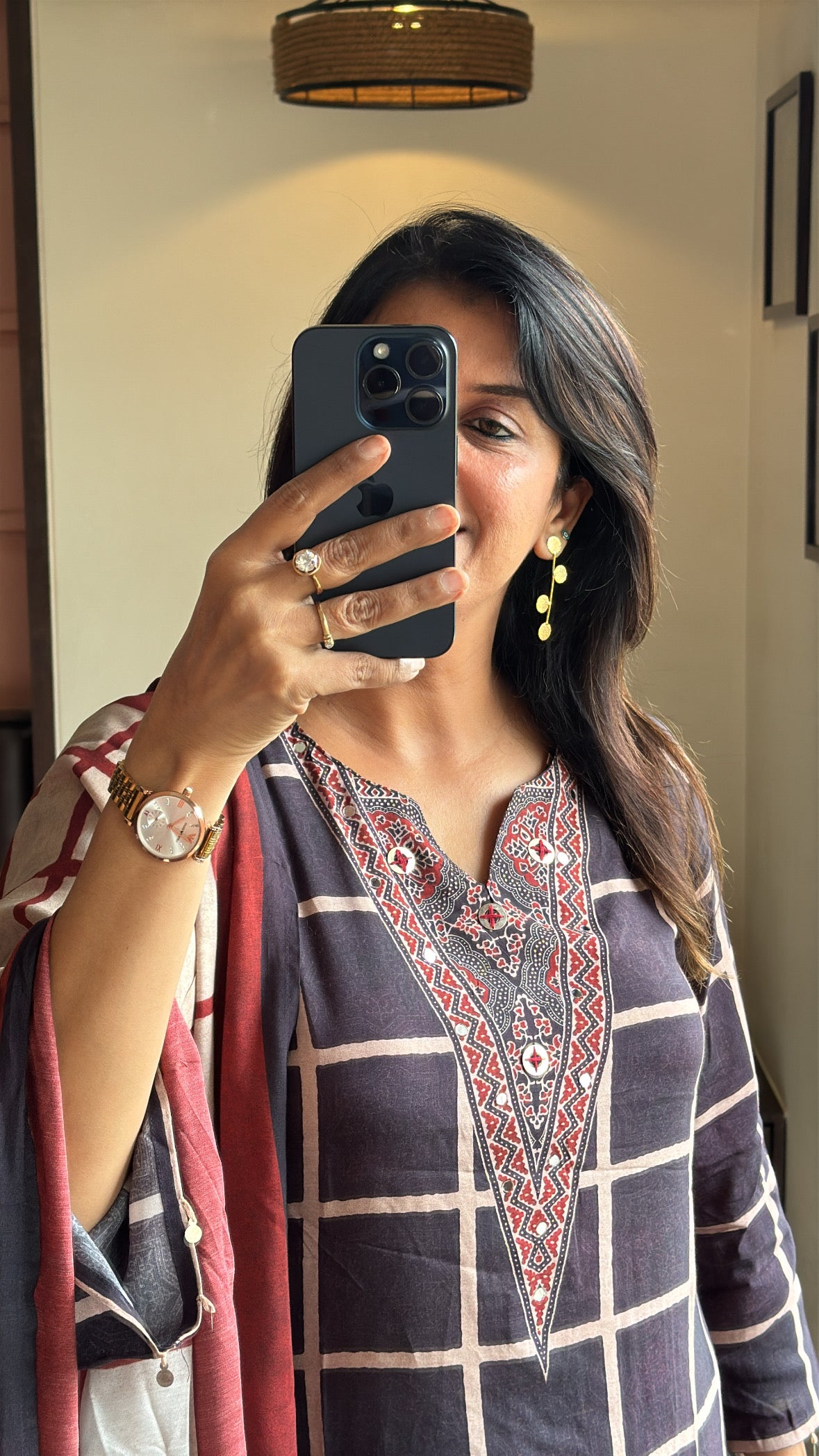Dark Coffee Pure Crepe Dupatta Set with Kalamkari Print & Embroidery | Designer Wear for Women